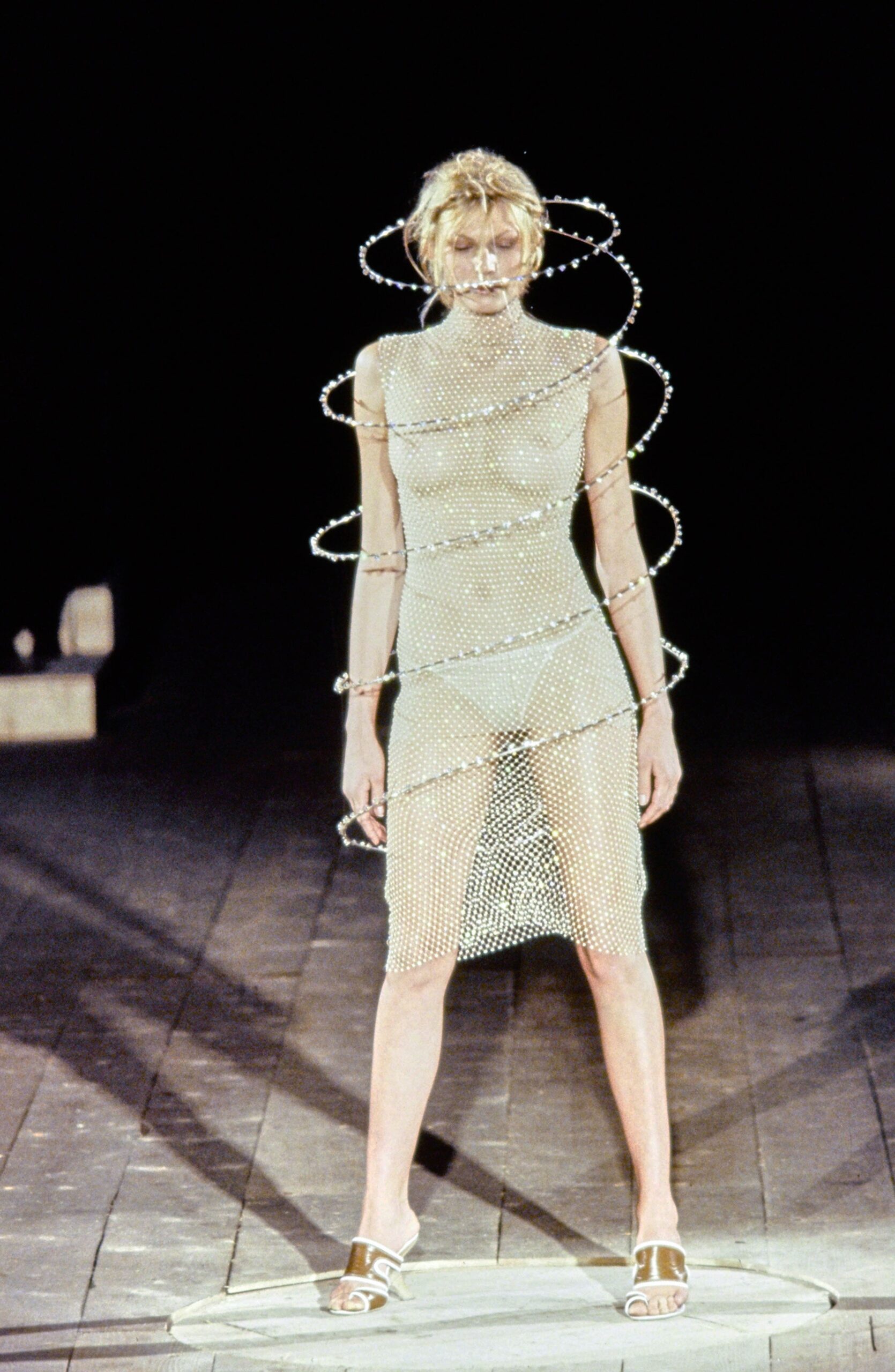 fitted white mesh dress