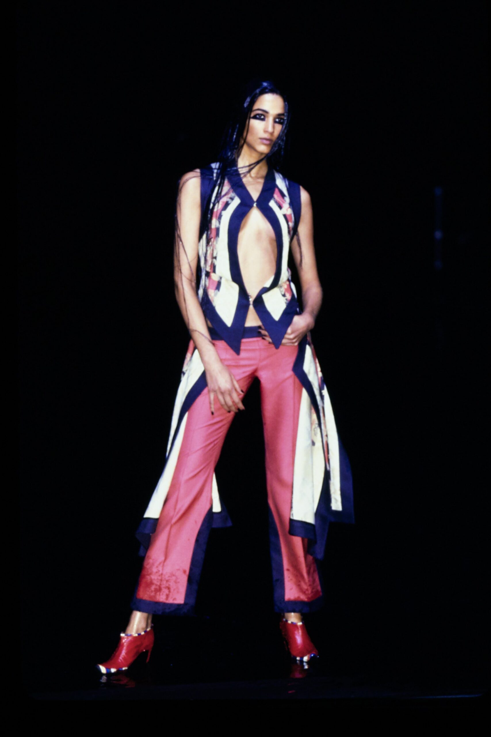color-blocked silk top and flared pants