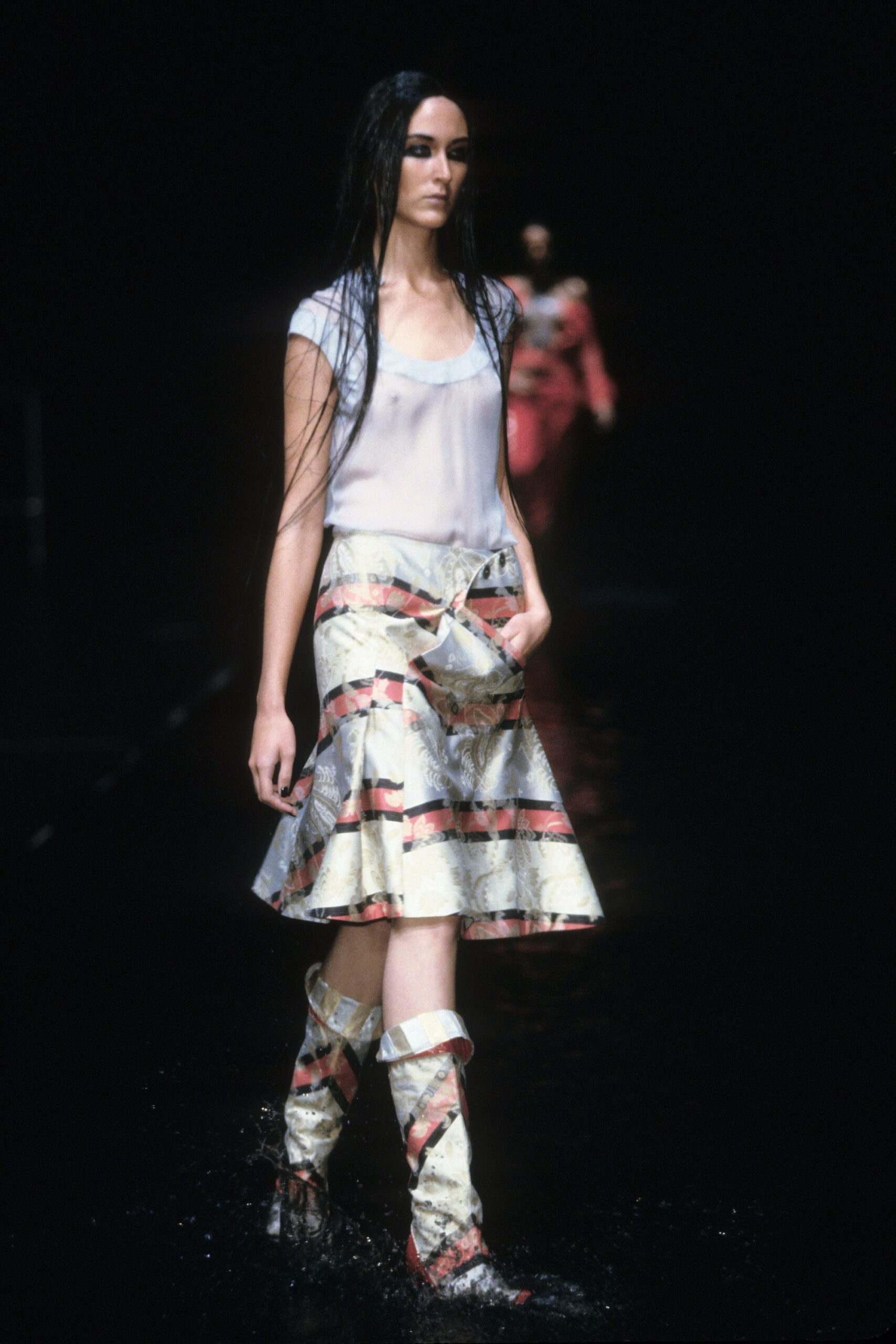 white silk fitted top with multi flared skirt
