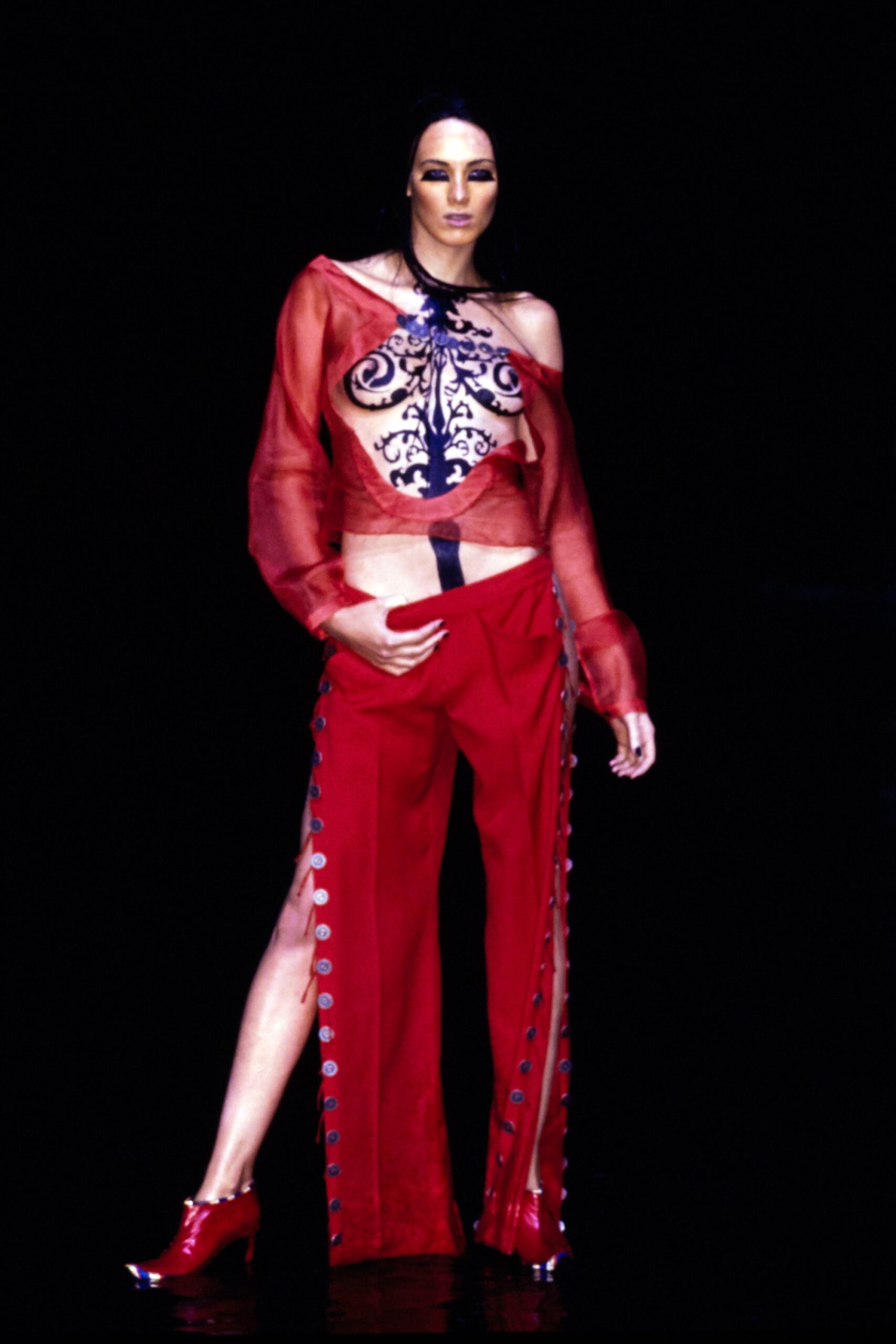 red silk off-shoulder top and pants
