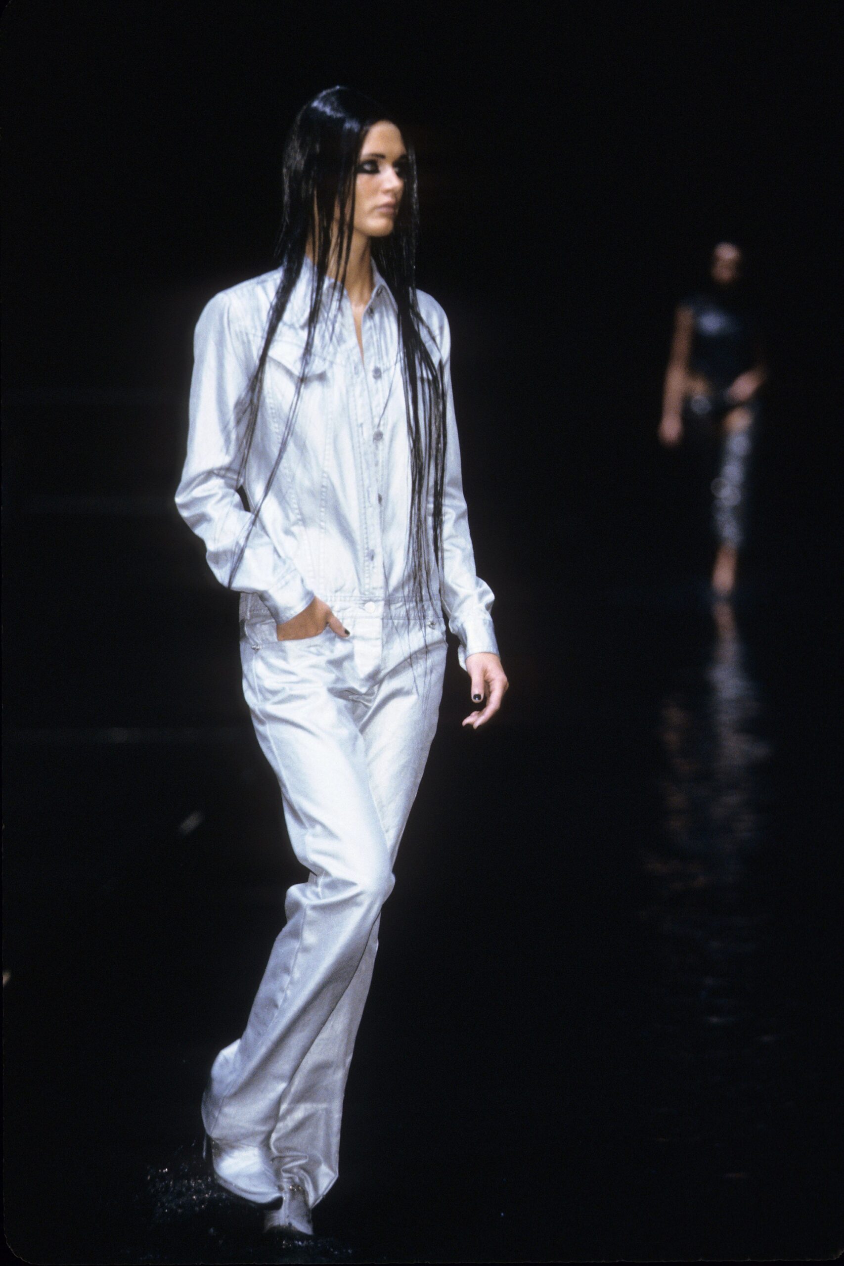 white silk fitted shirt and pants