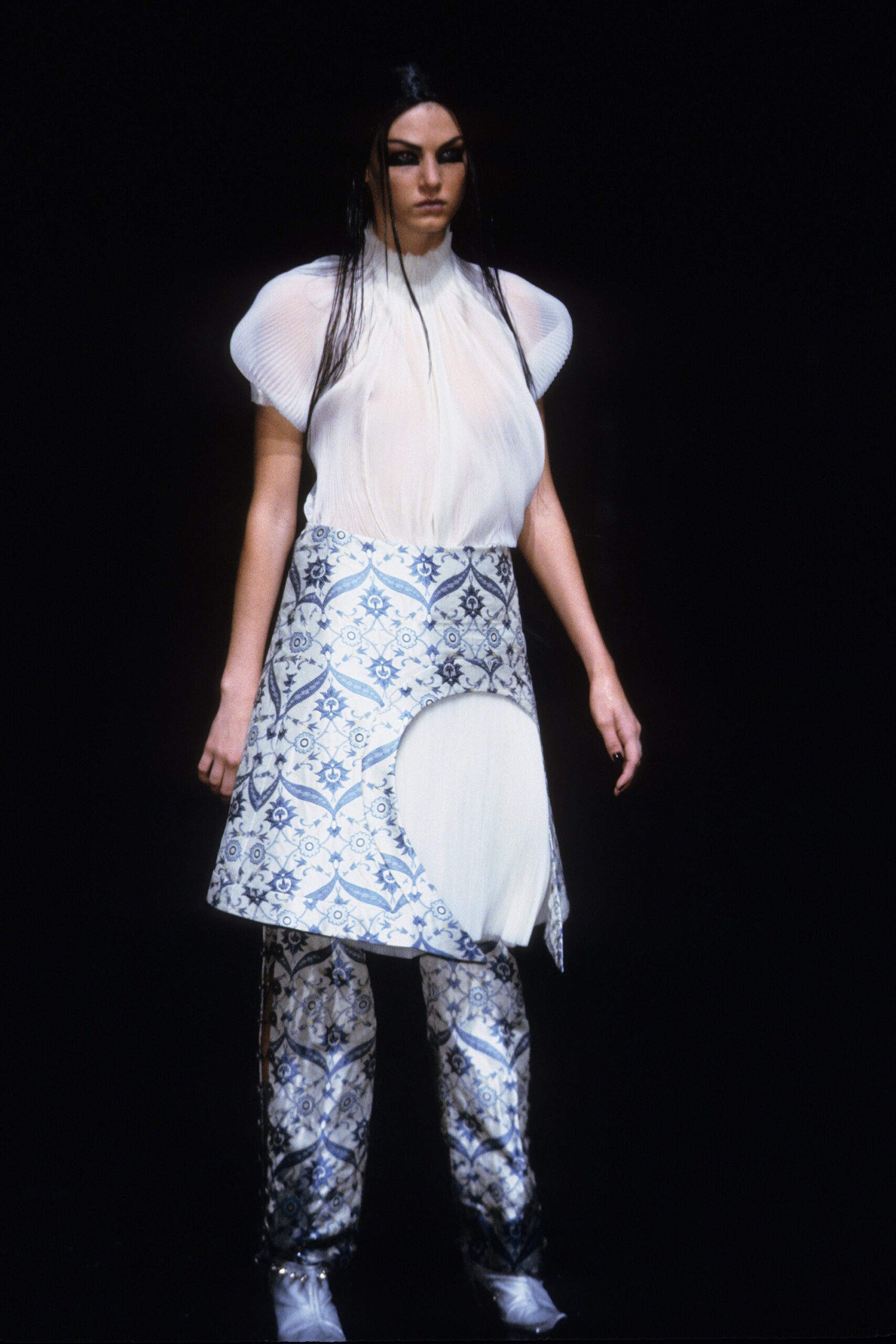 white silk pleated top with blue embroidered skirt