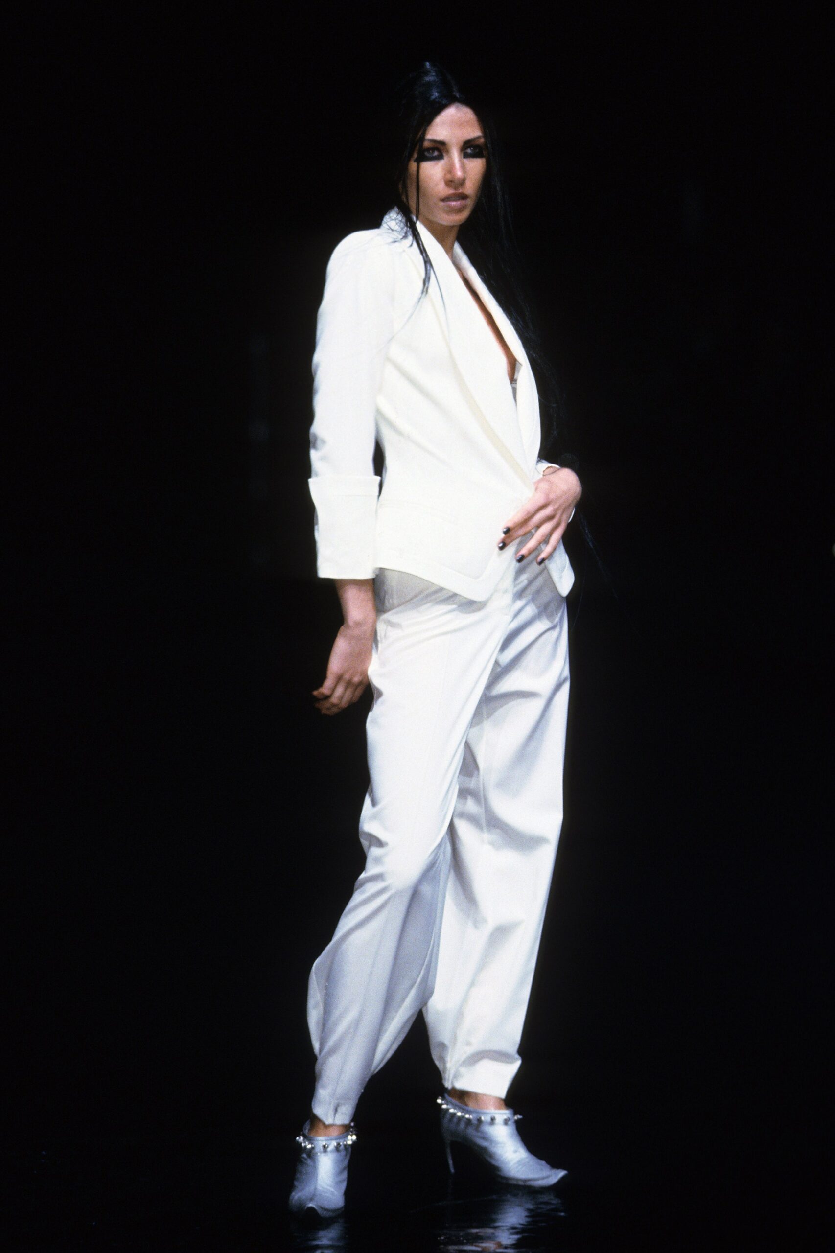 white tailored suit with relaxed pants