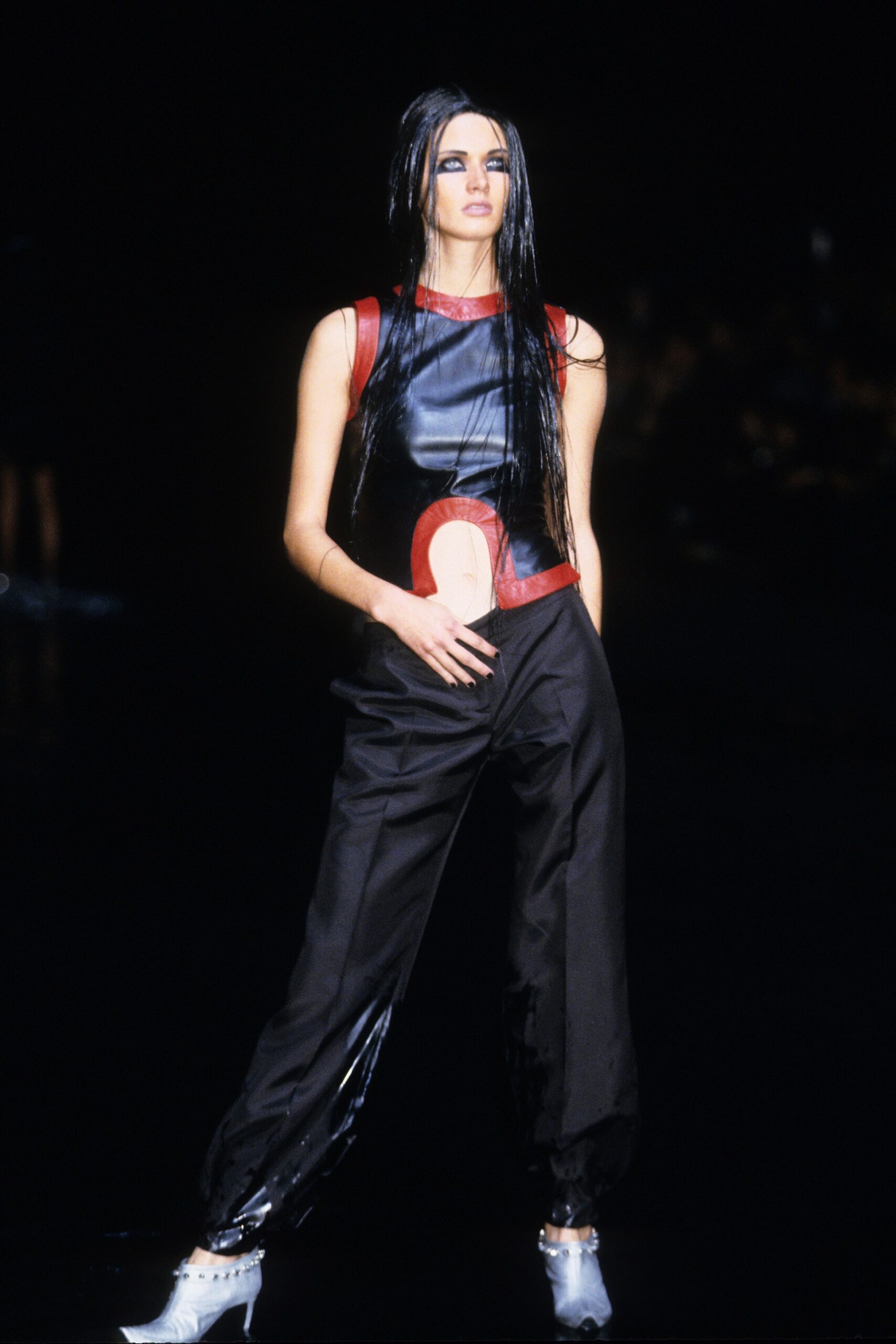 fitted black leather top with relaxed pants