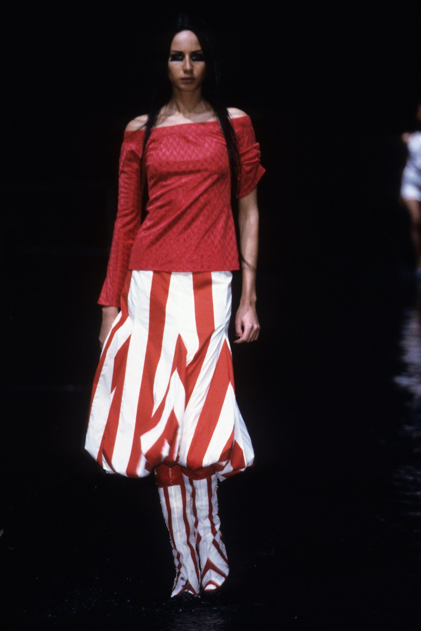 red off-shoulder top with flared skirt