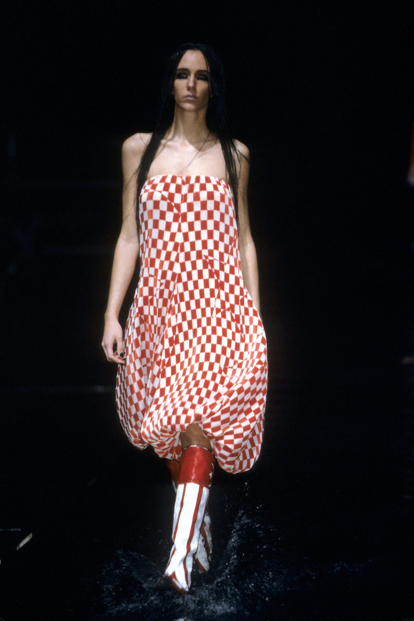 red and white checkered dress with boots