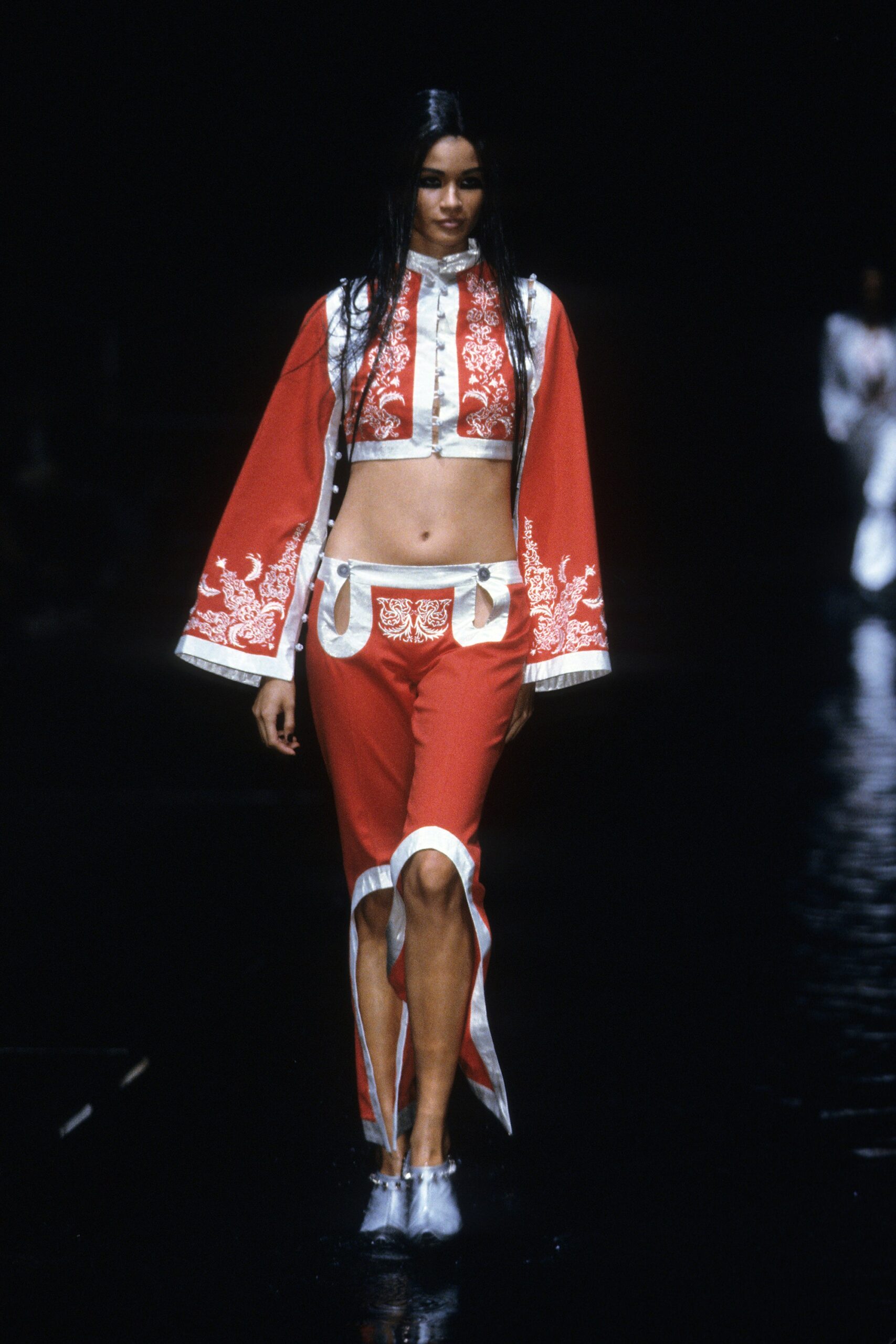 fitted red embroidered top and pants