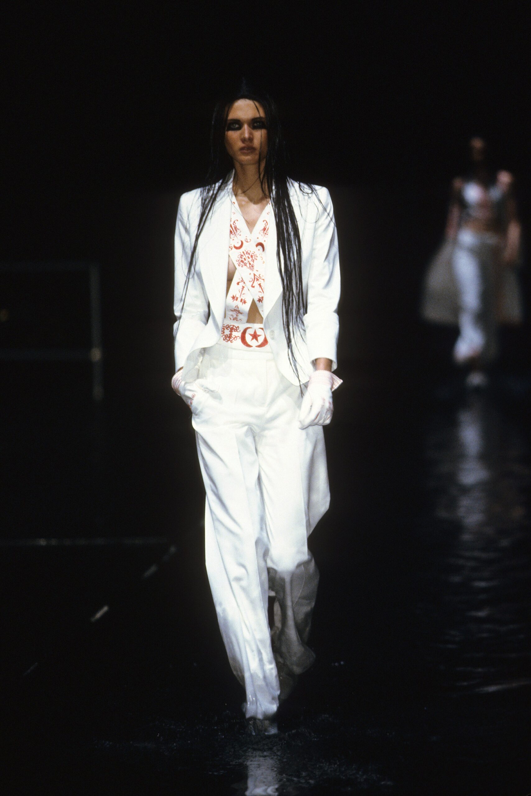 white tailored suit with gloves