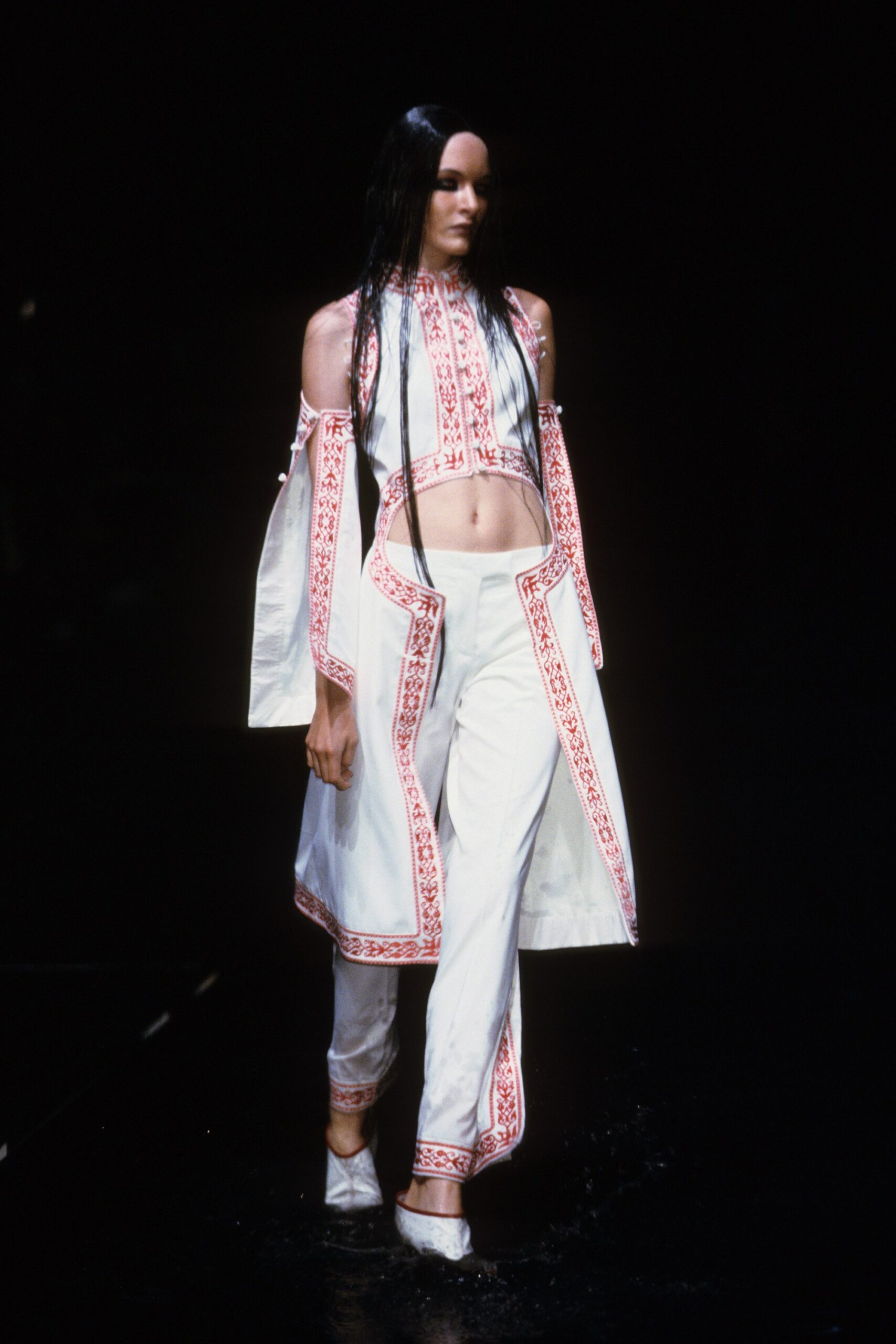 white embroidered fitted top and pants
