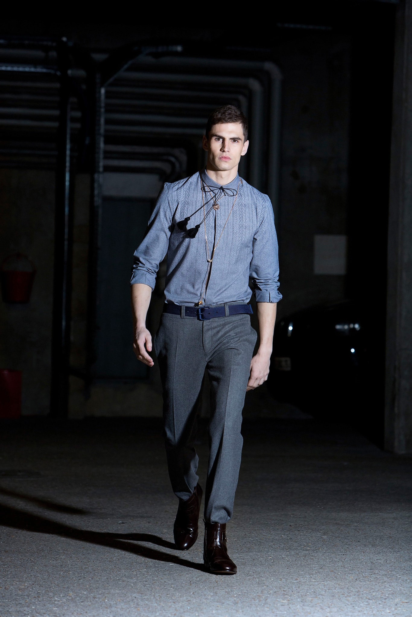 blue cotton shirt gray pants