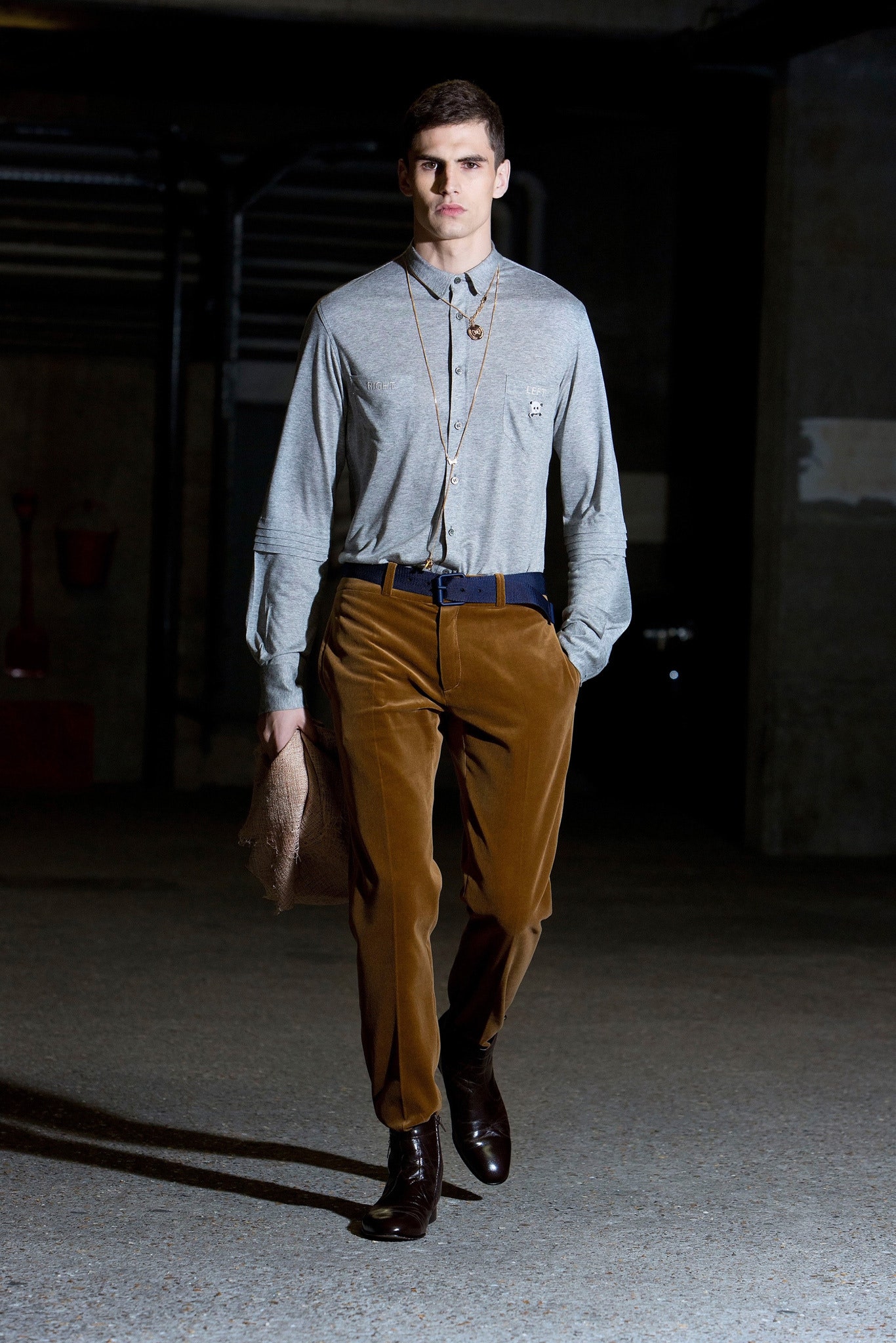 gray fitted shirt brown velvet pants