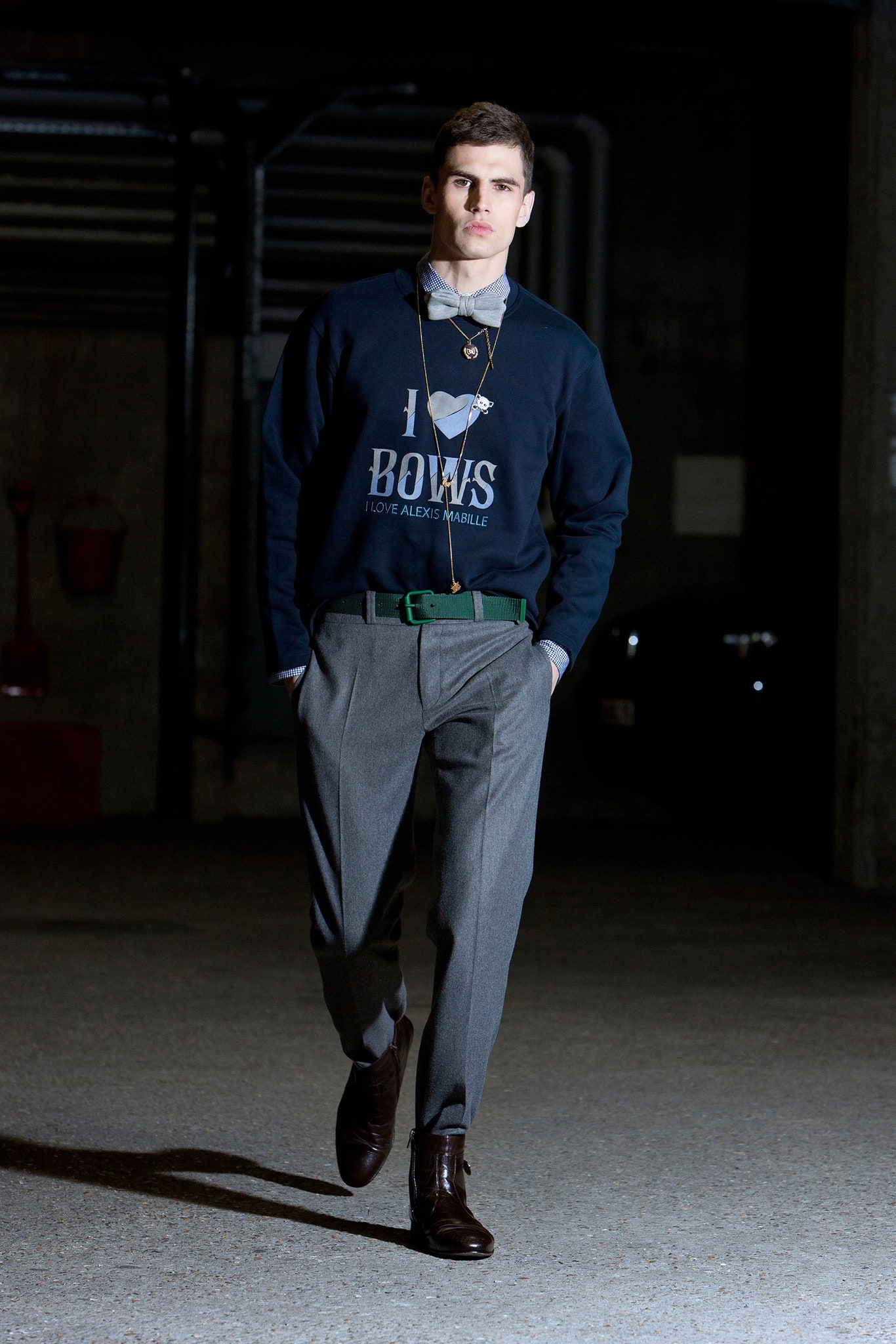 navy relaxed sweater with gray tailored pants