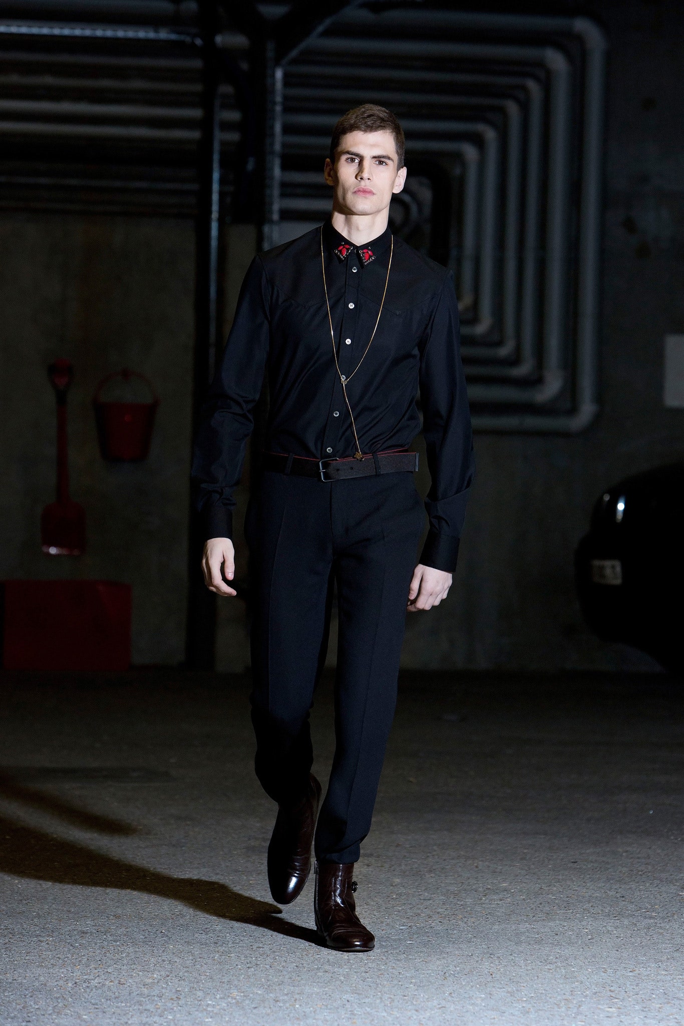 black fitted shirt and pants
