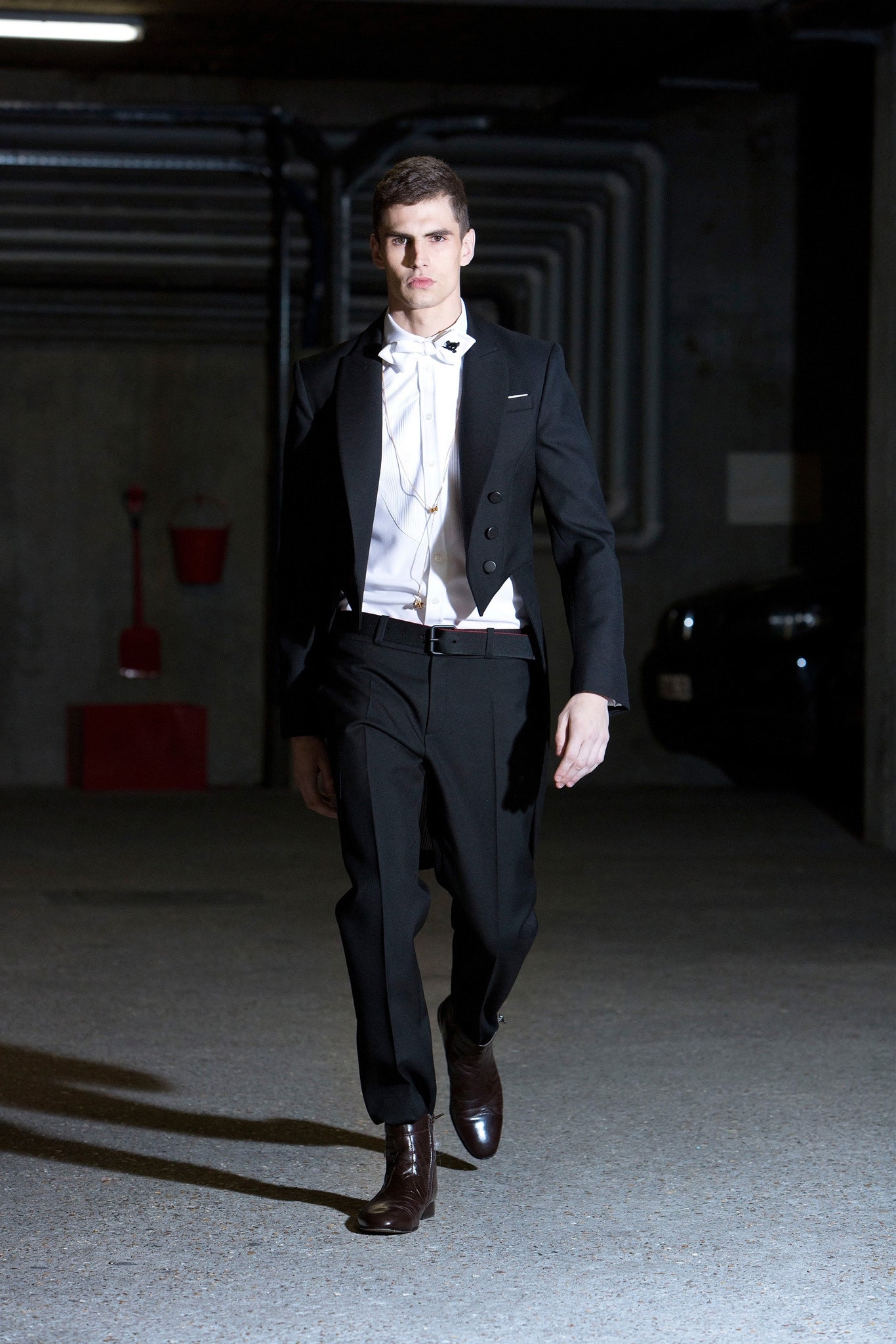 black tailored suit with white shirt