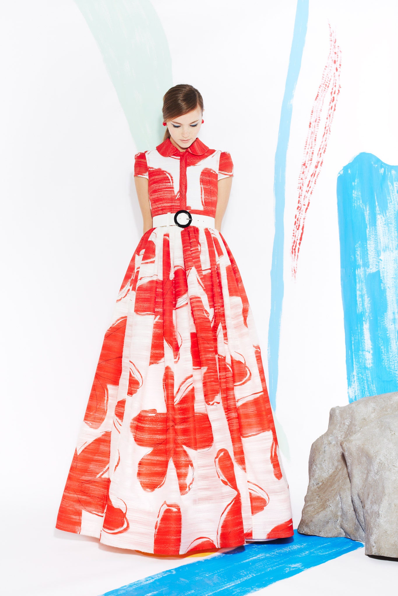 red and white printed gown