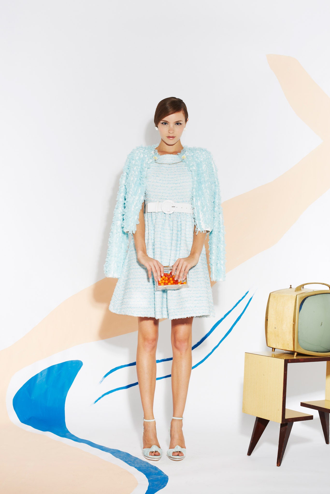 blue cotton long-sleeve relaxed ruffled cape