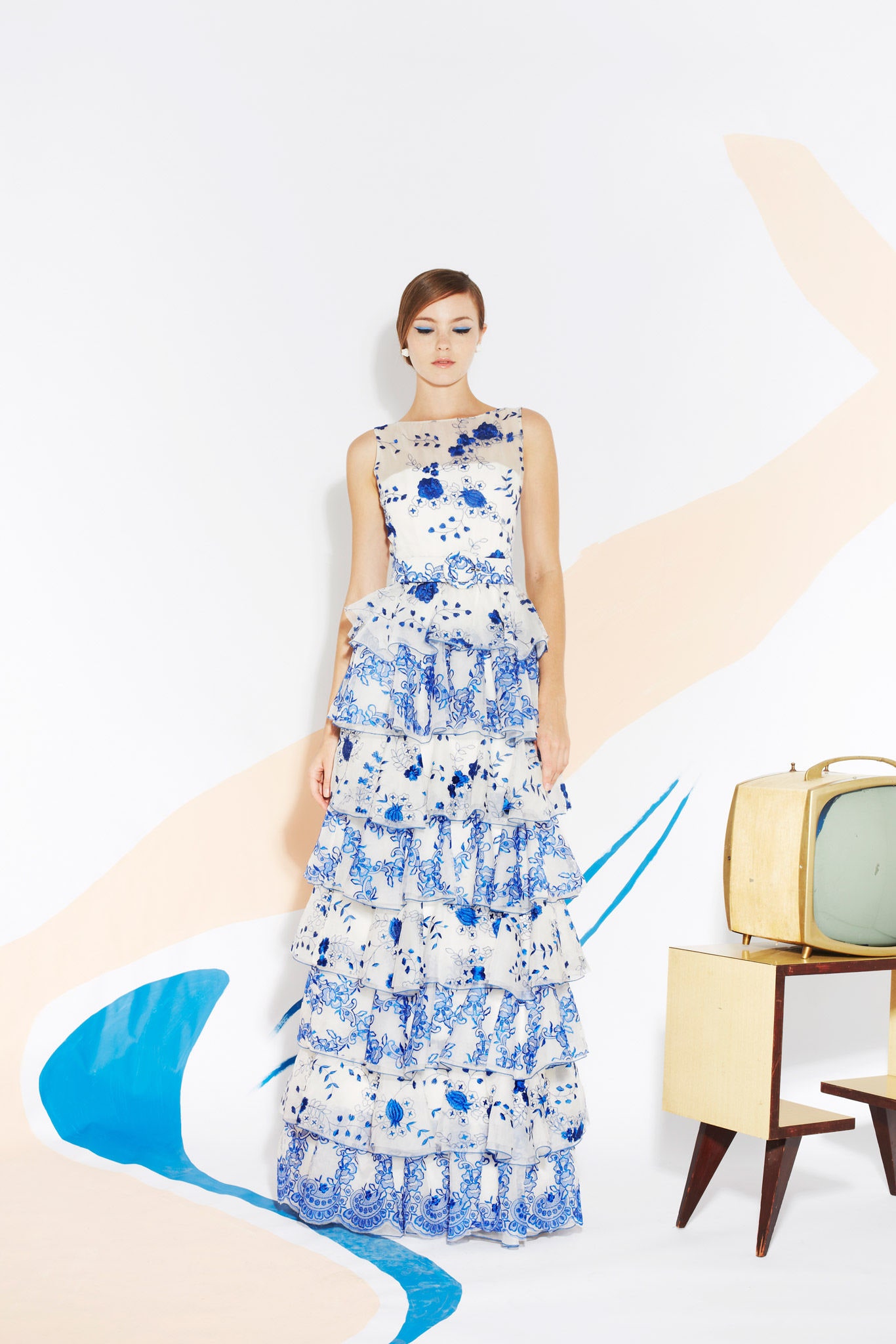 blue and white floral tiered gown