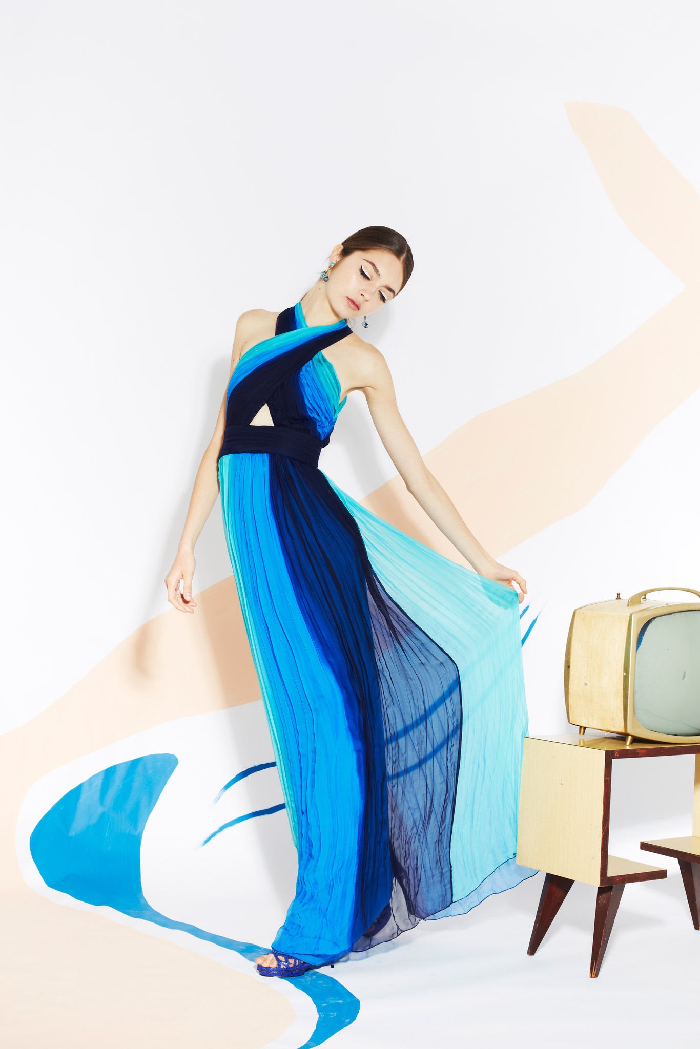 blue chiffon halter gown