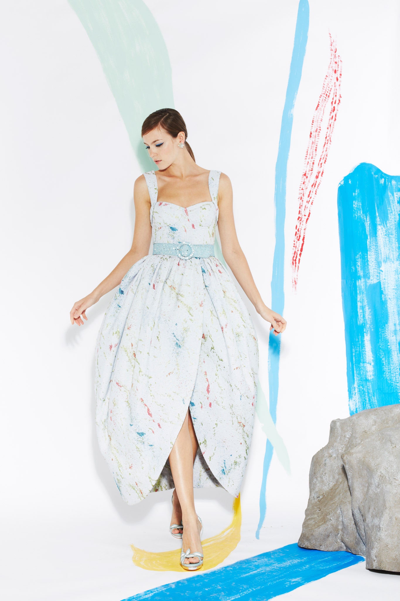 white multi-colored pleated dress
