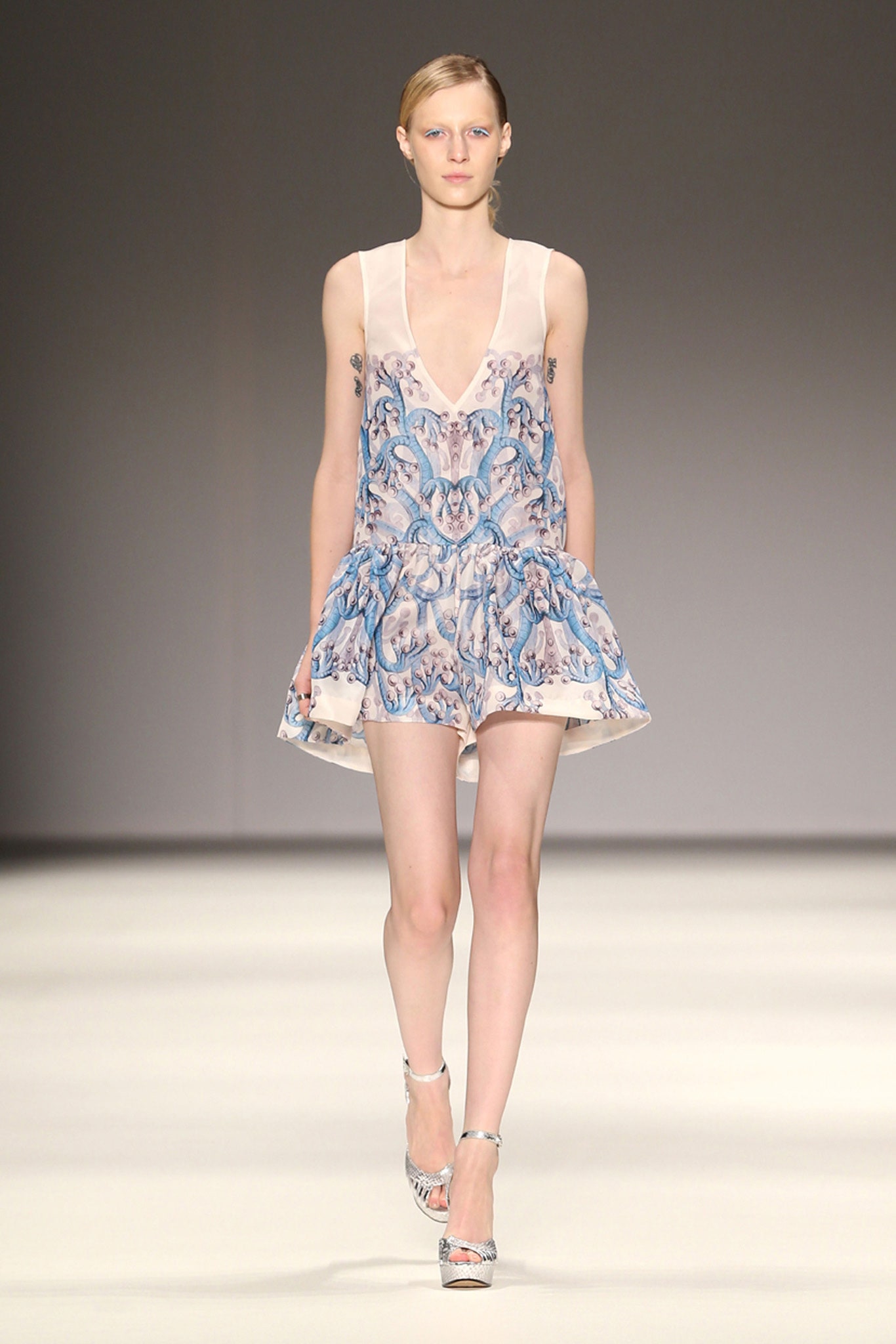 blue and white pleated mini dress