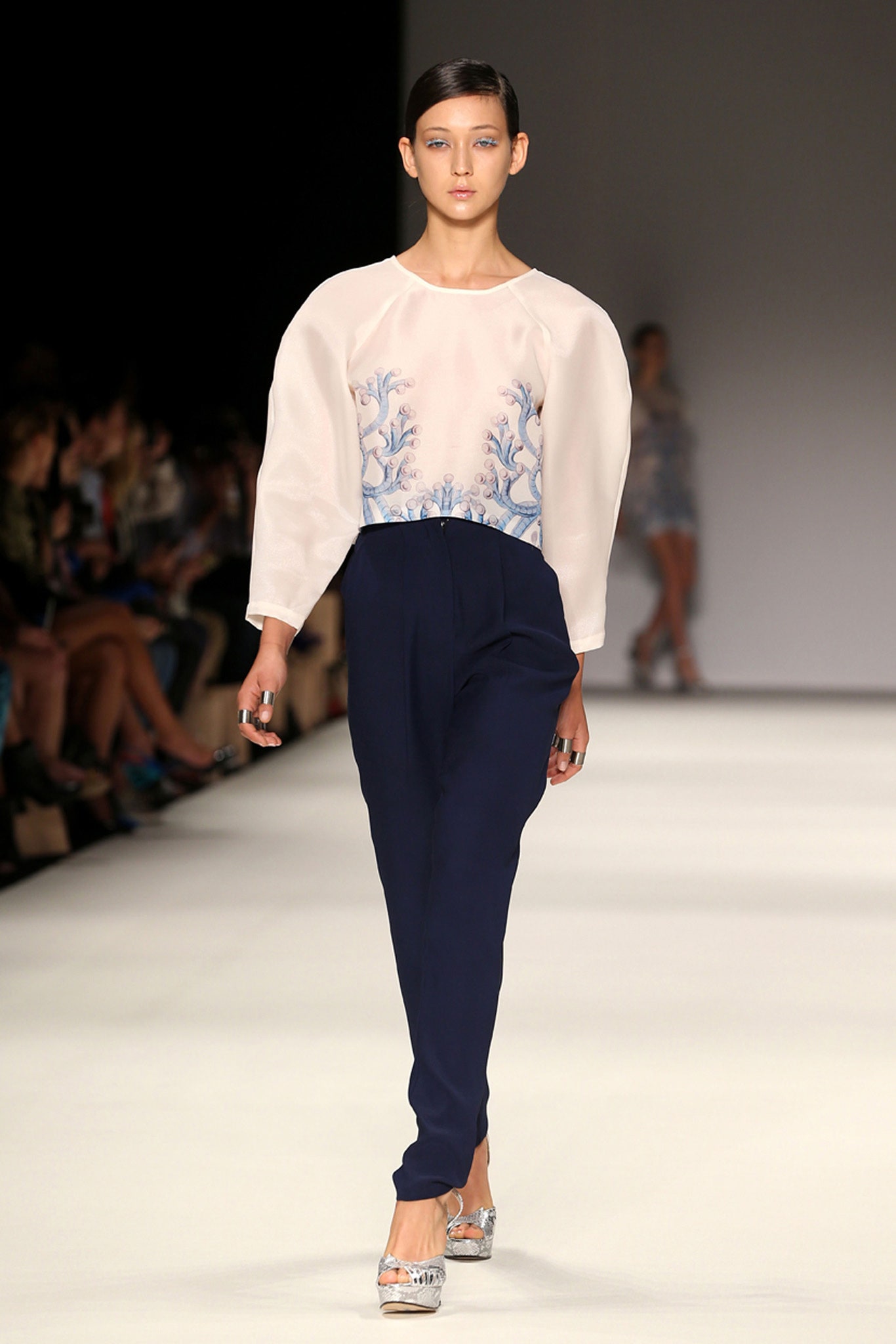 white chiffon long-sleeve high-neck relaxed embroidered sheer blouse
