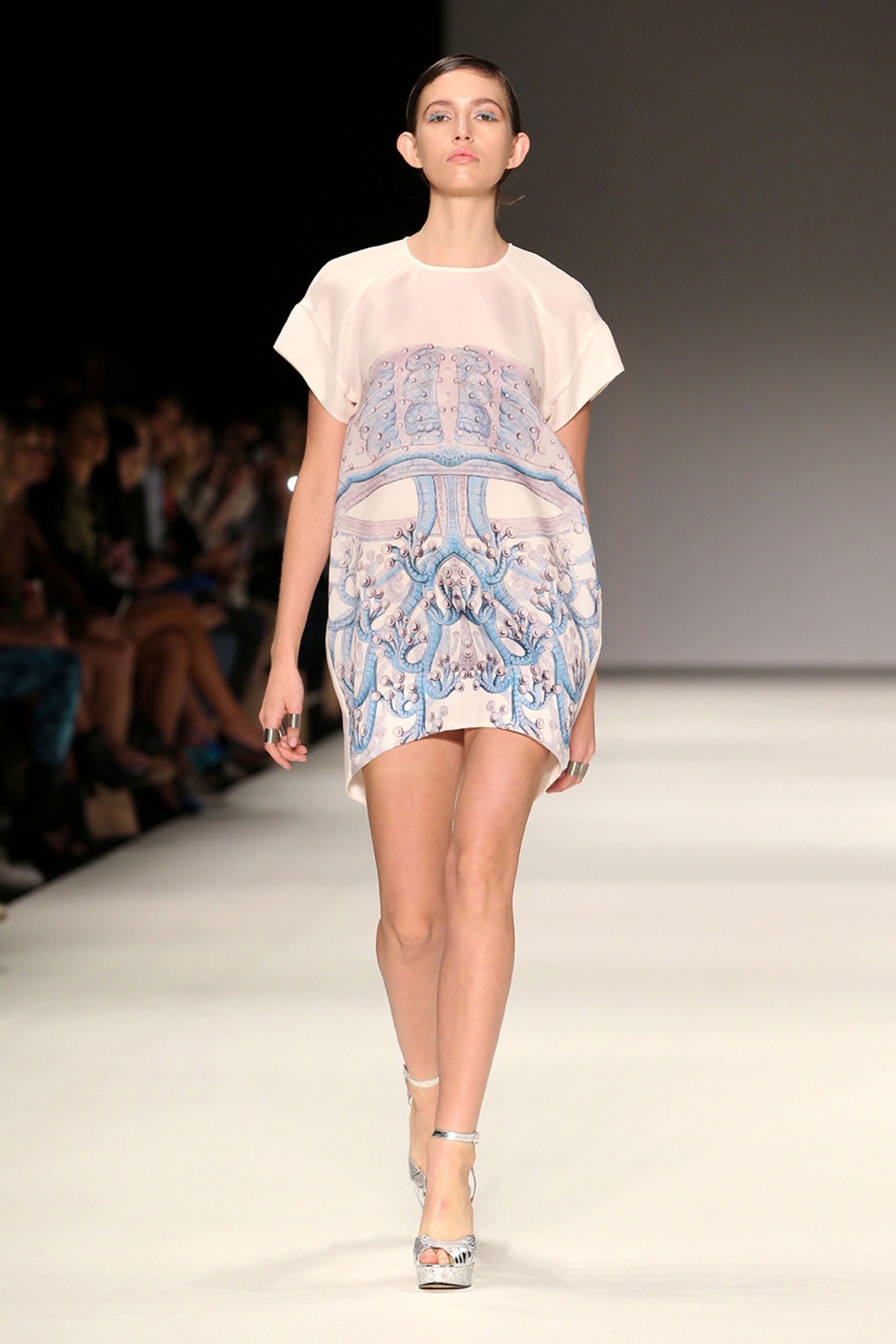 white and blue printed mini dress