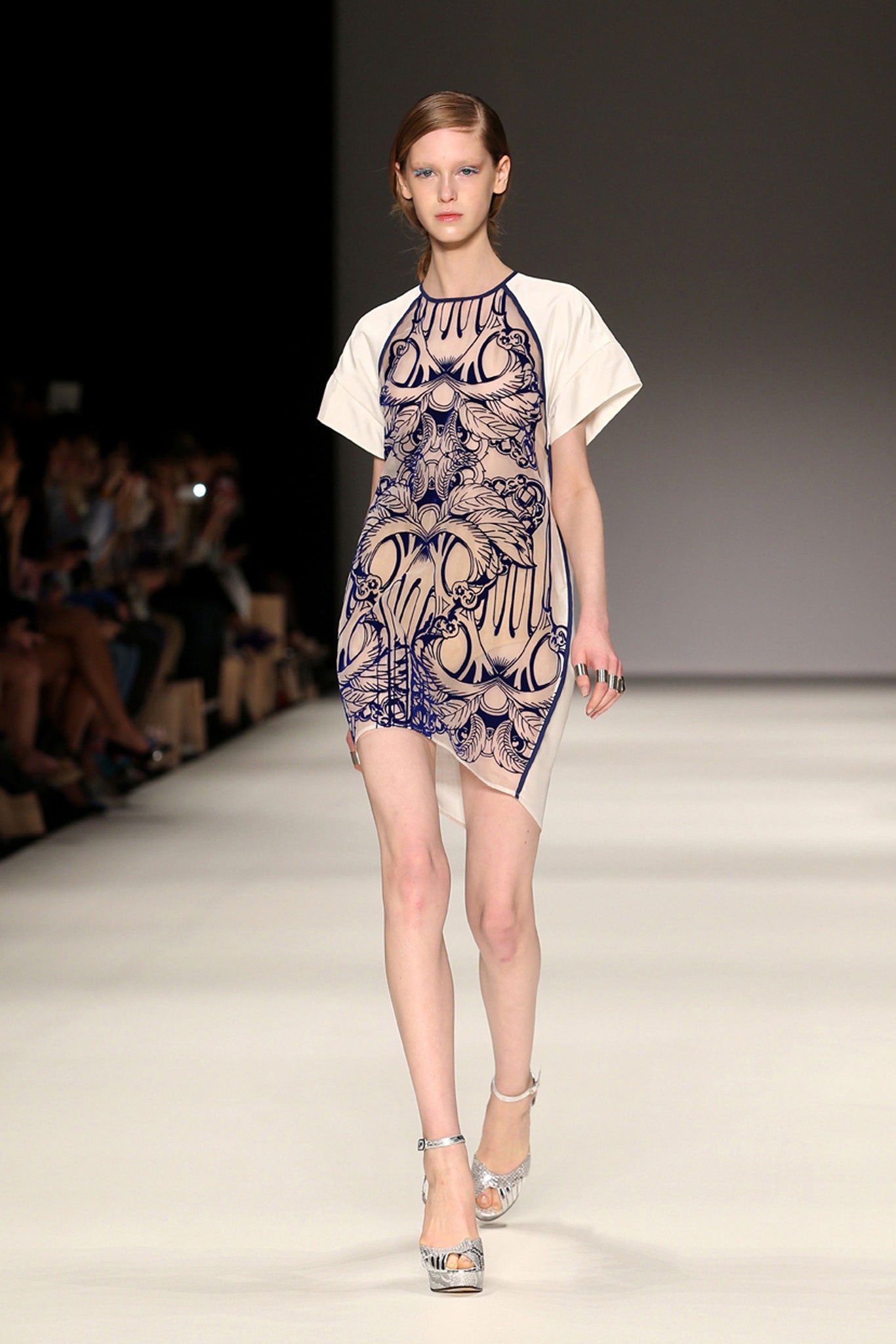 white and blue printed mini dress