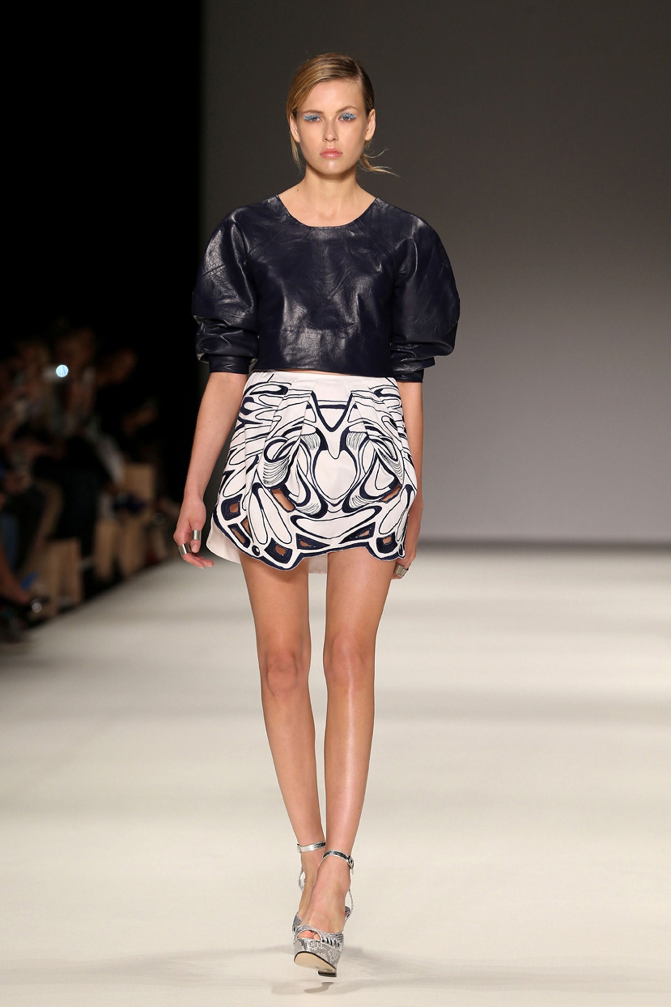 blue leather top with mini skirt