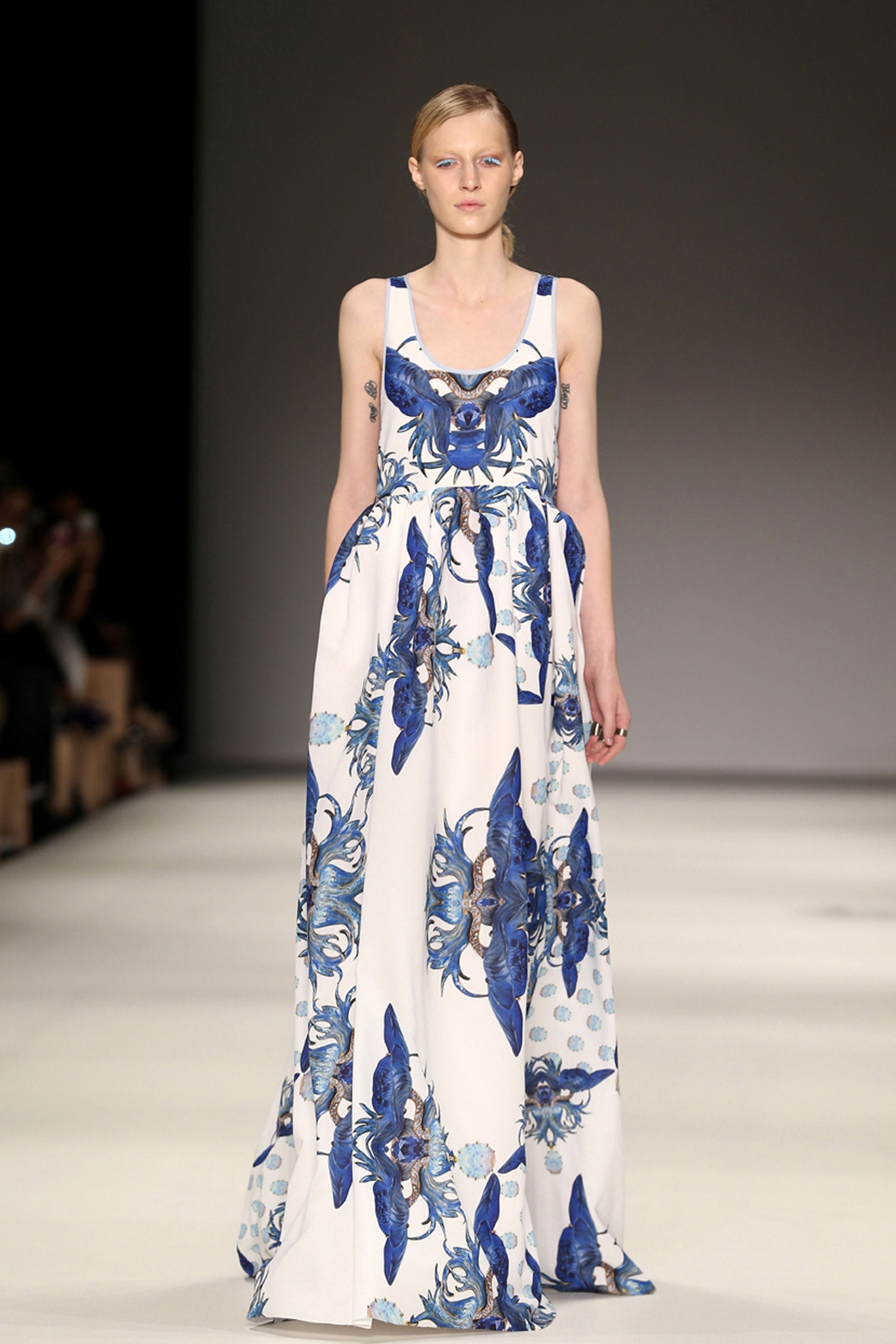 white and blue floral gown