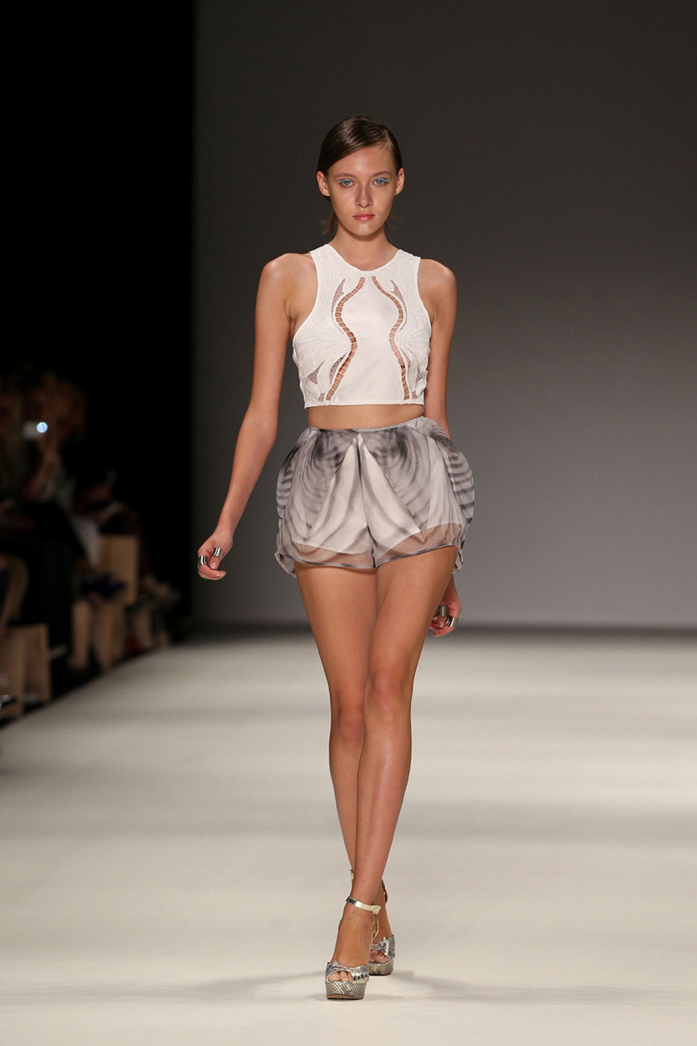 white silk sleeveless high-neck fitted embroidered cropped crop-top