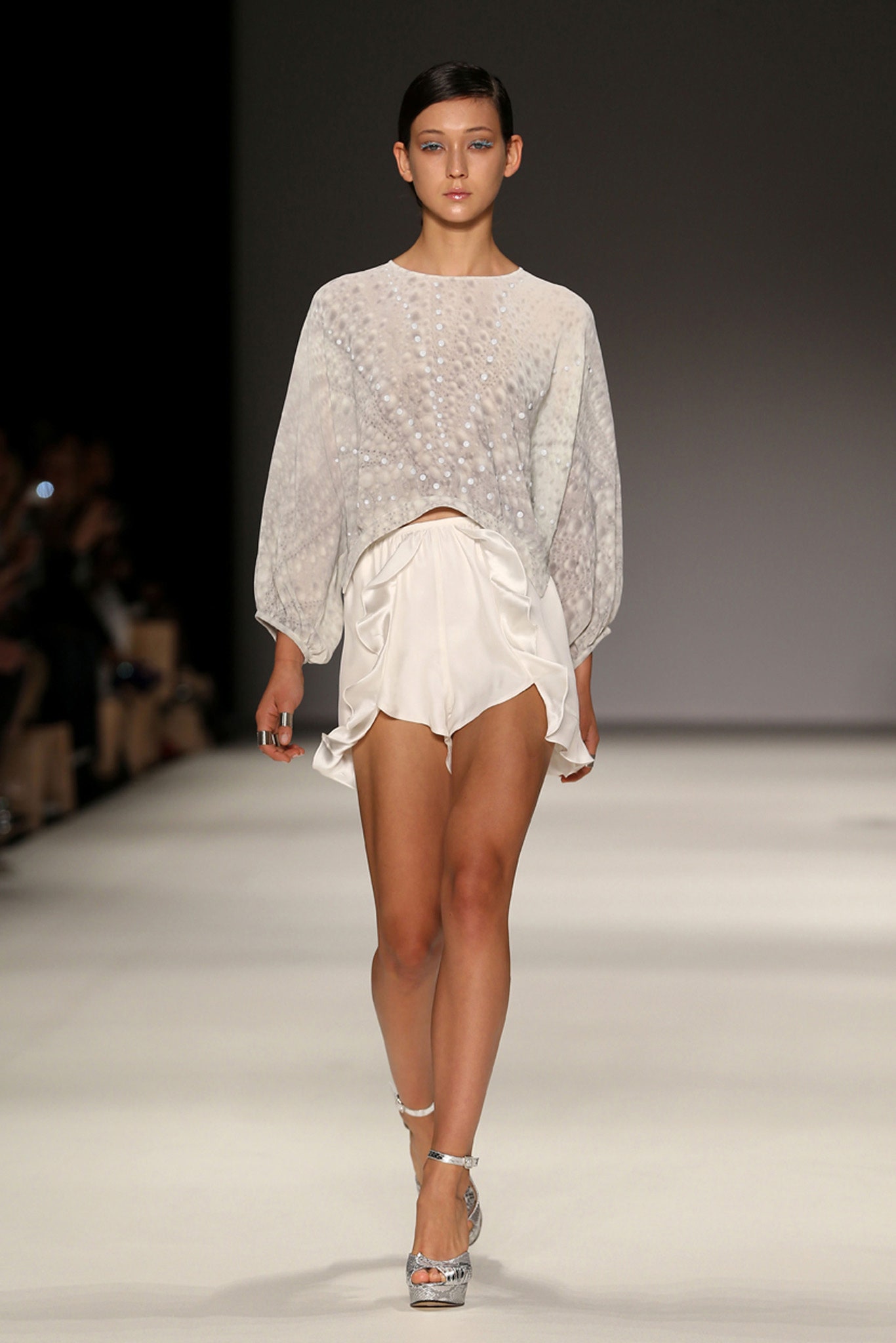 white silk fitted flared short shorts