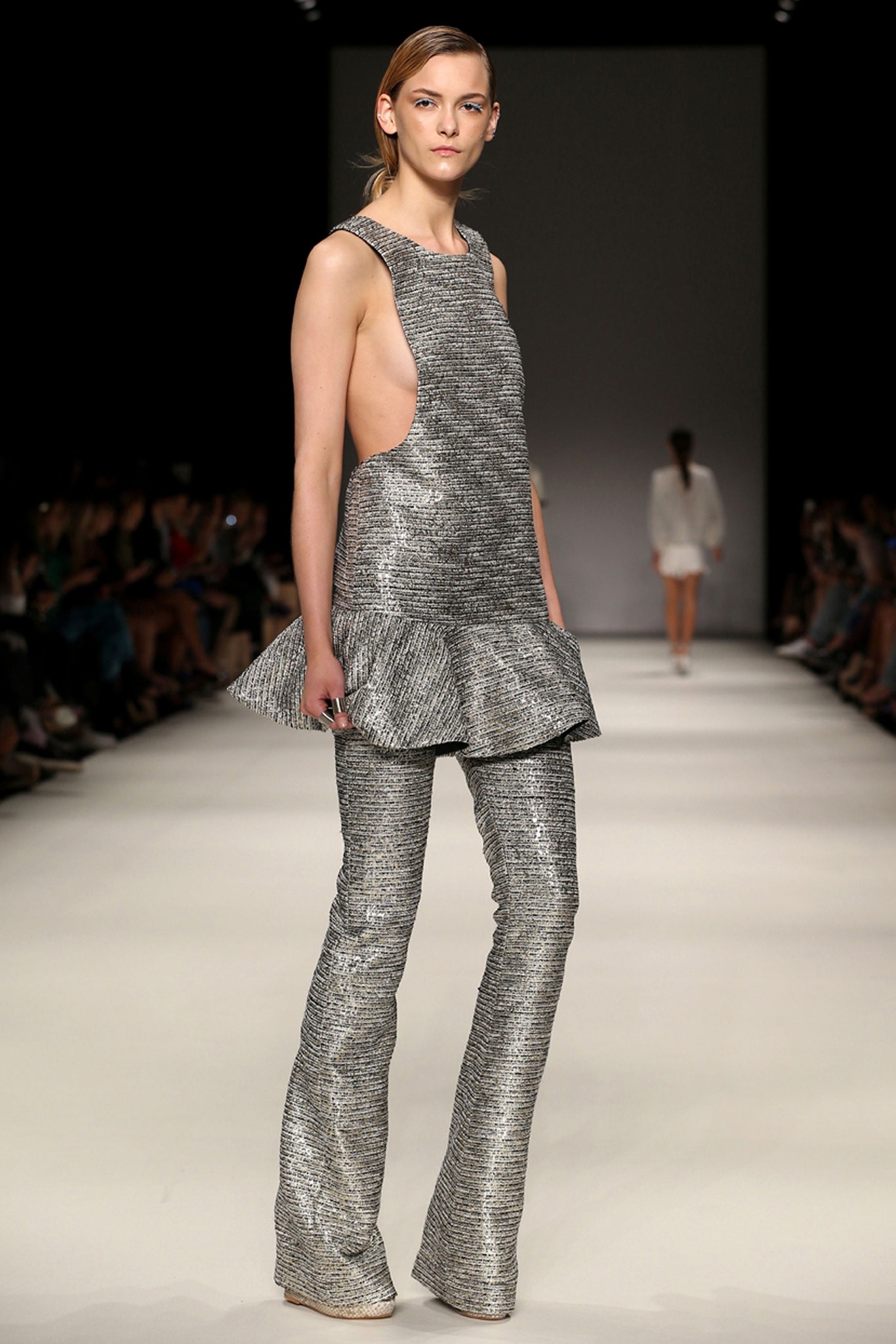 gray metallic sleeveless high-neck fitted flared shiny top