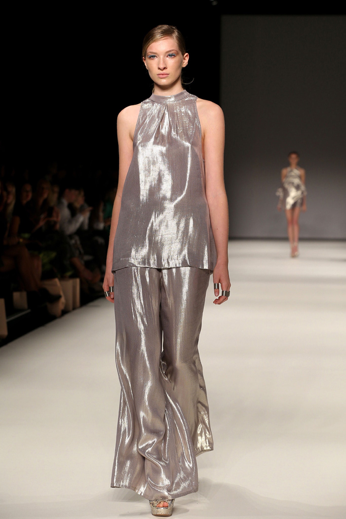 gray metallic sleeveless high-neck relaxed draped shiny top