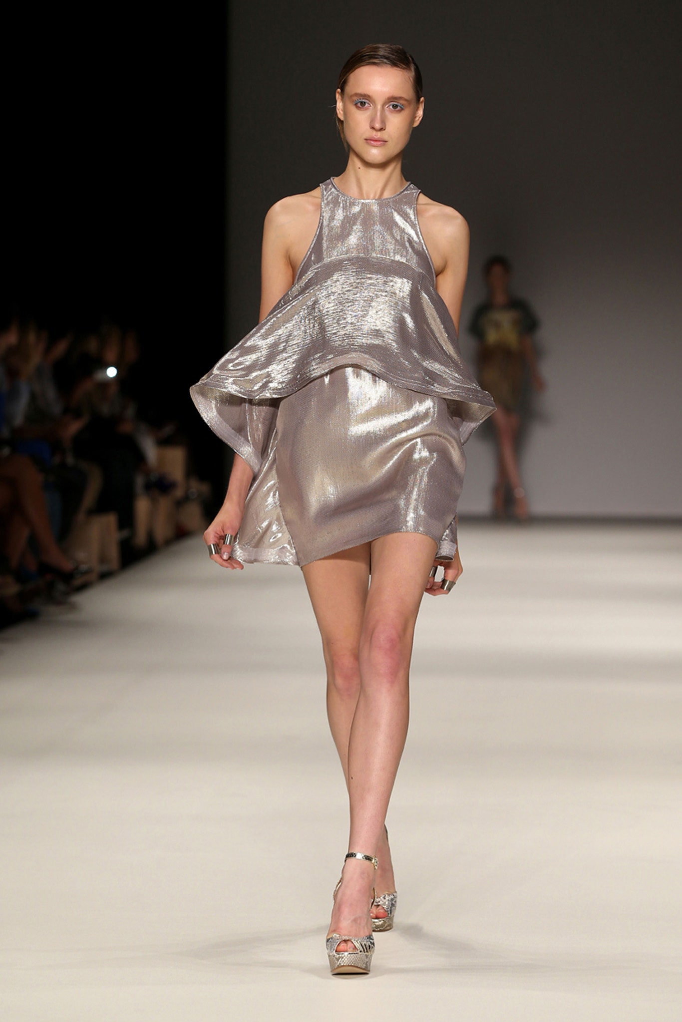 shiny silver draped mini dress