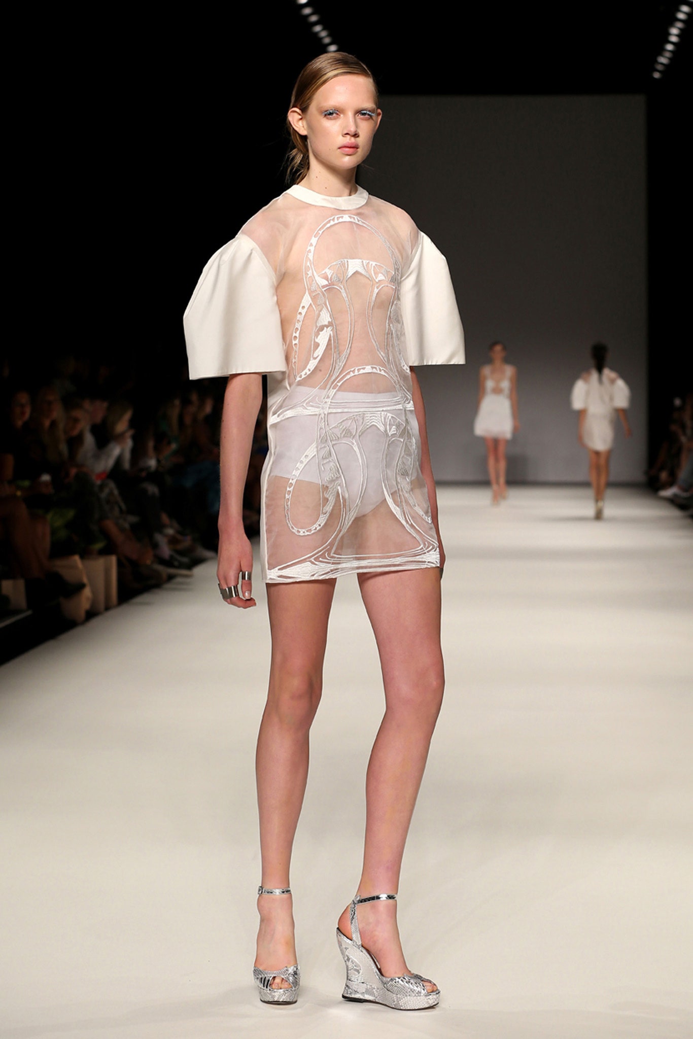white silk sleeveless high-neck fitted embroidered sheer dress