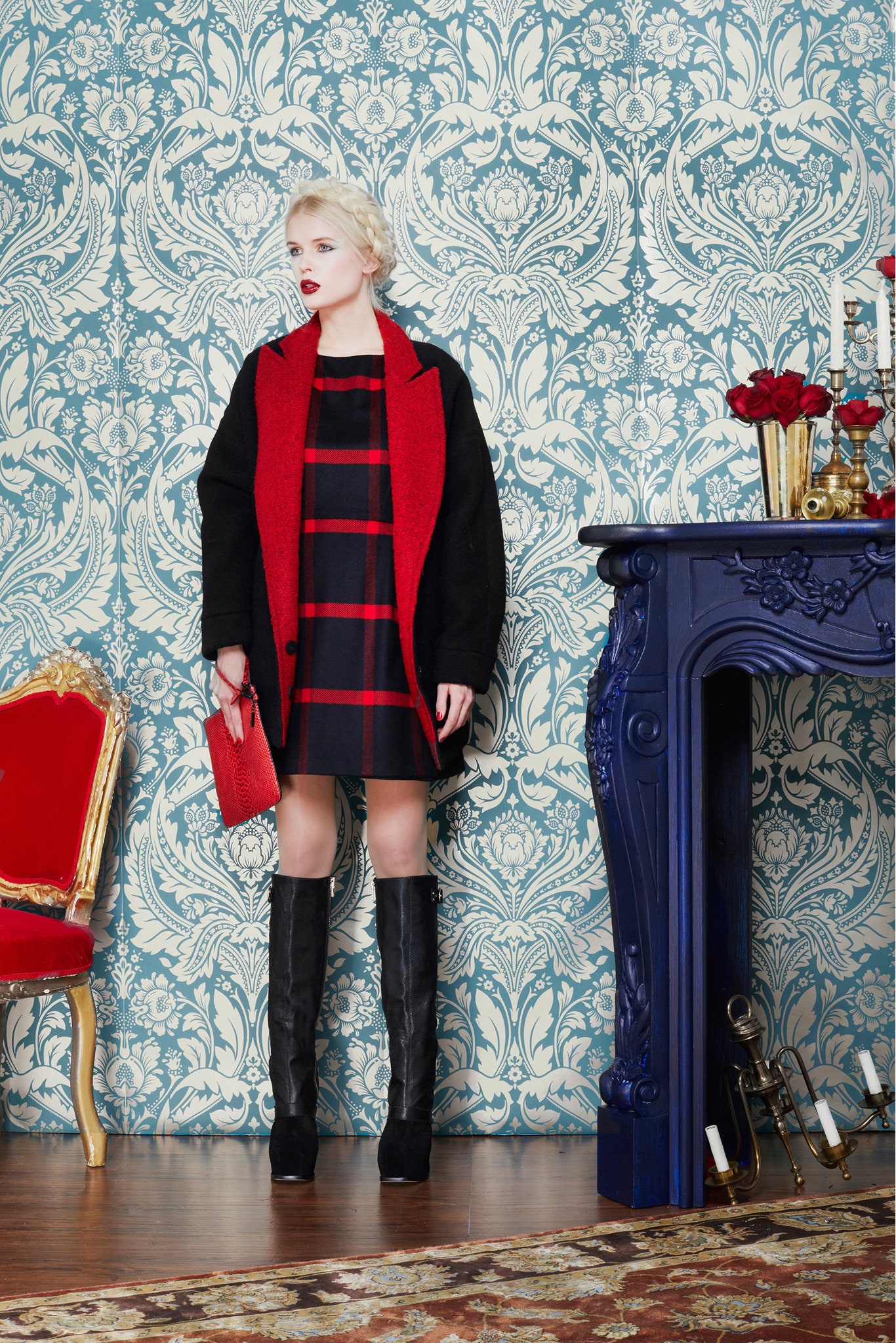 black and red mini dress with oversized coat