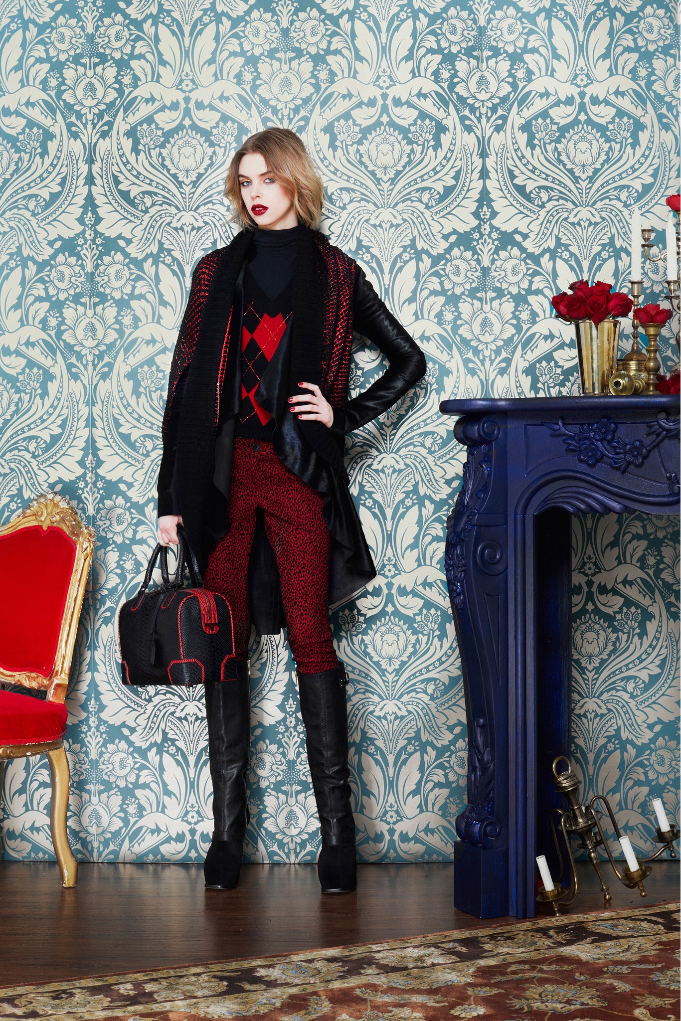 black coat red printed pants