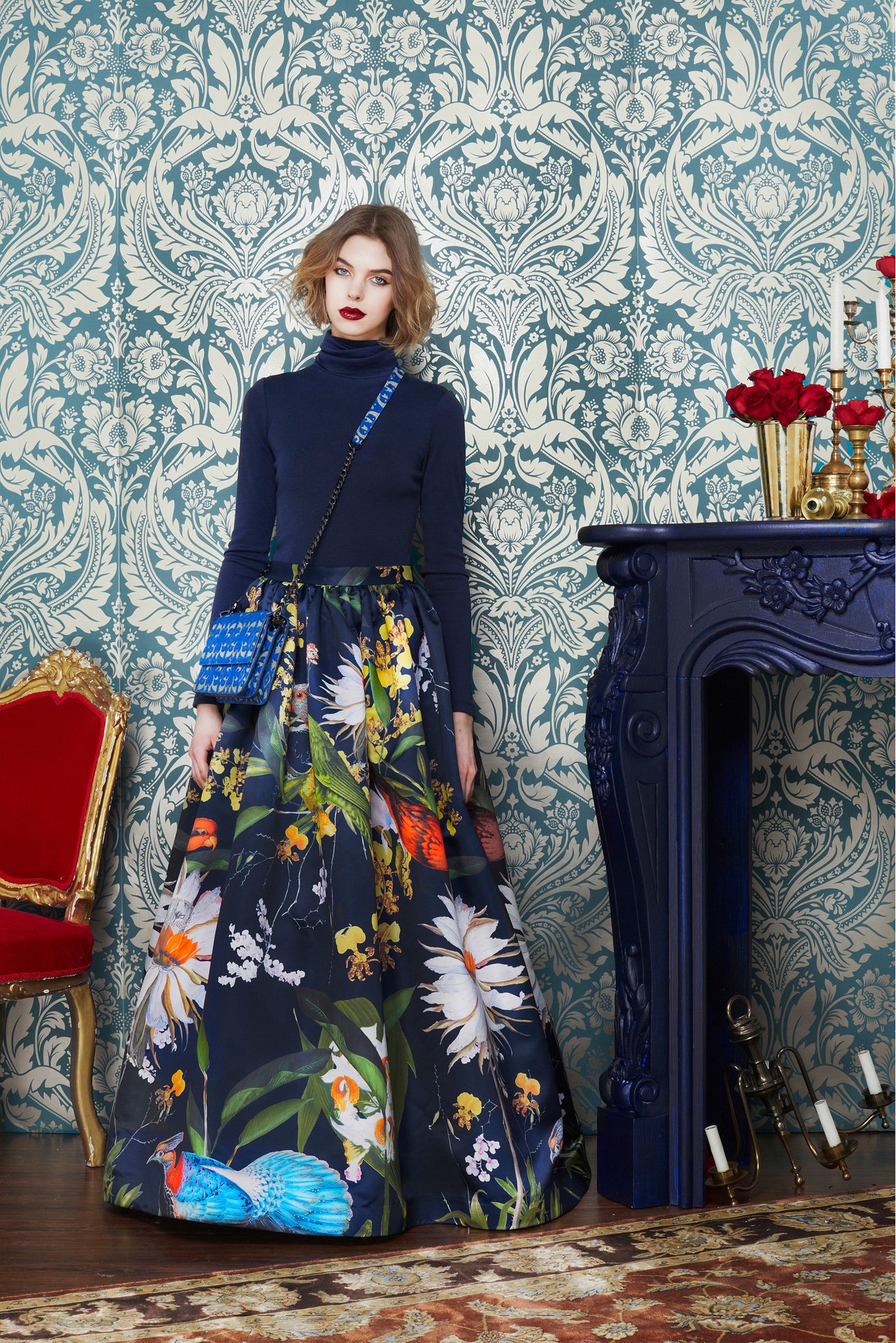 blue turtleneck top with floral maxi skirt