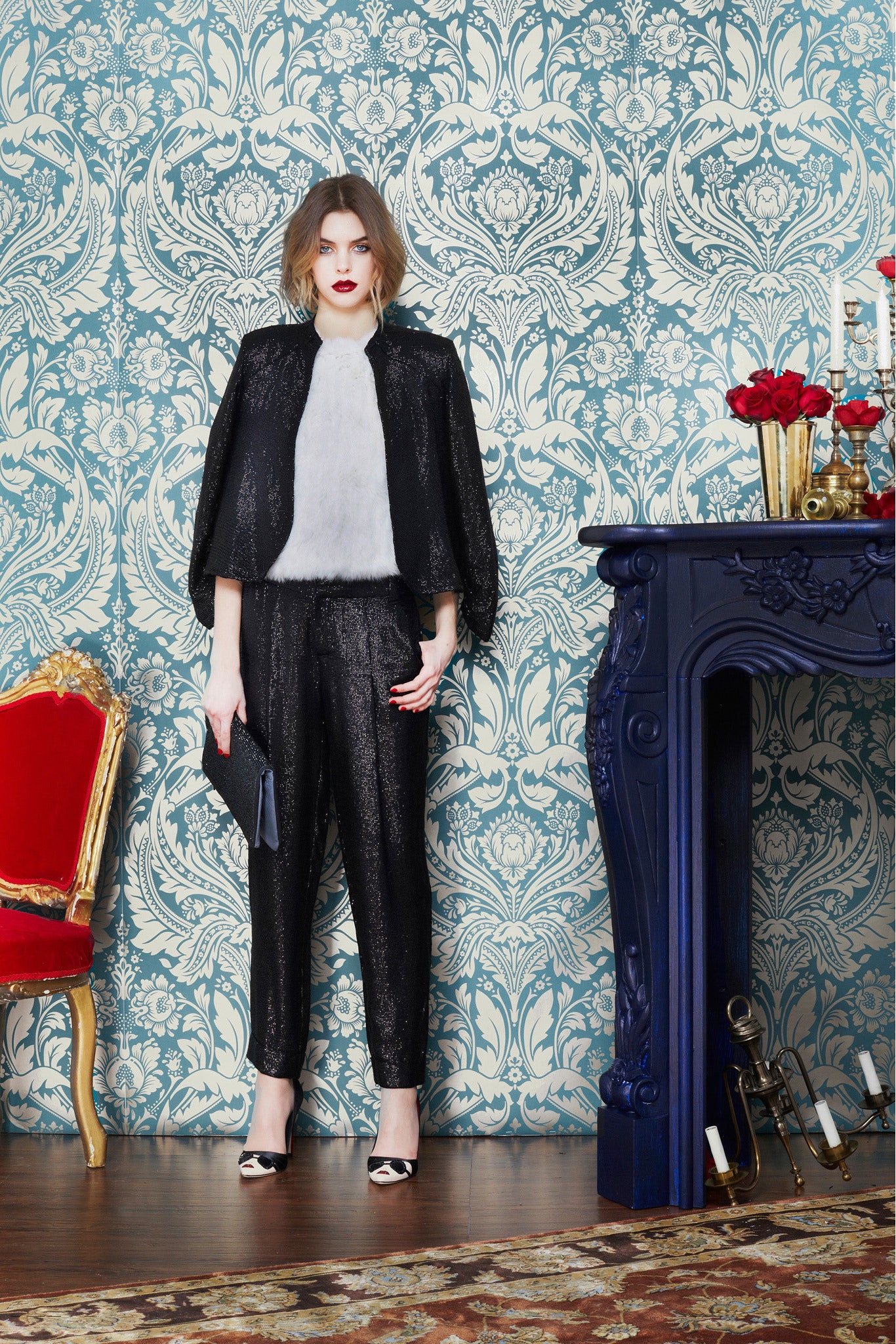 white fur top and black silk pants