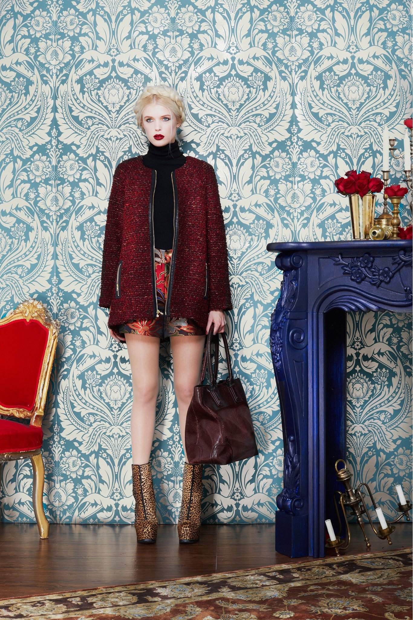 red wool fitted jacket with printed shorts