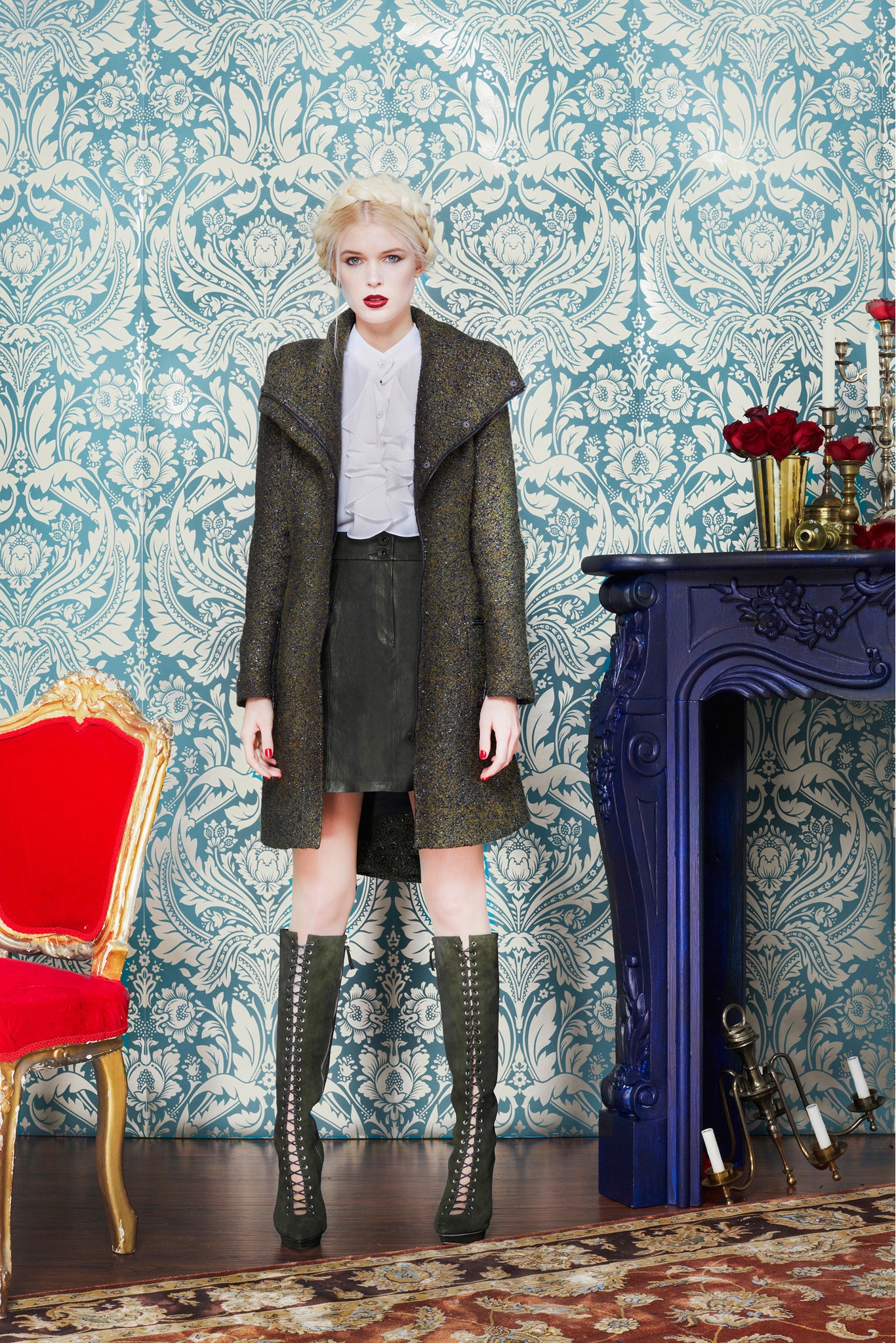 fitted black wool coat with blouse
