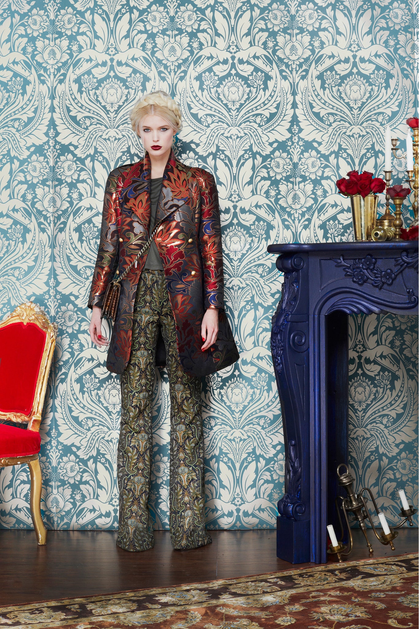 embroidered silk coat and flared pants