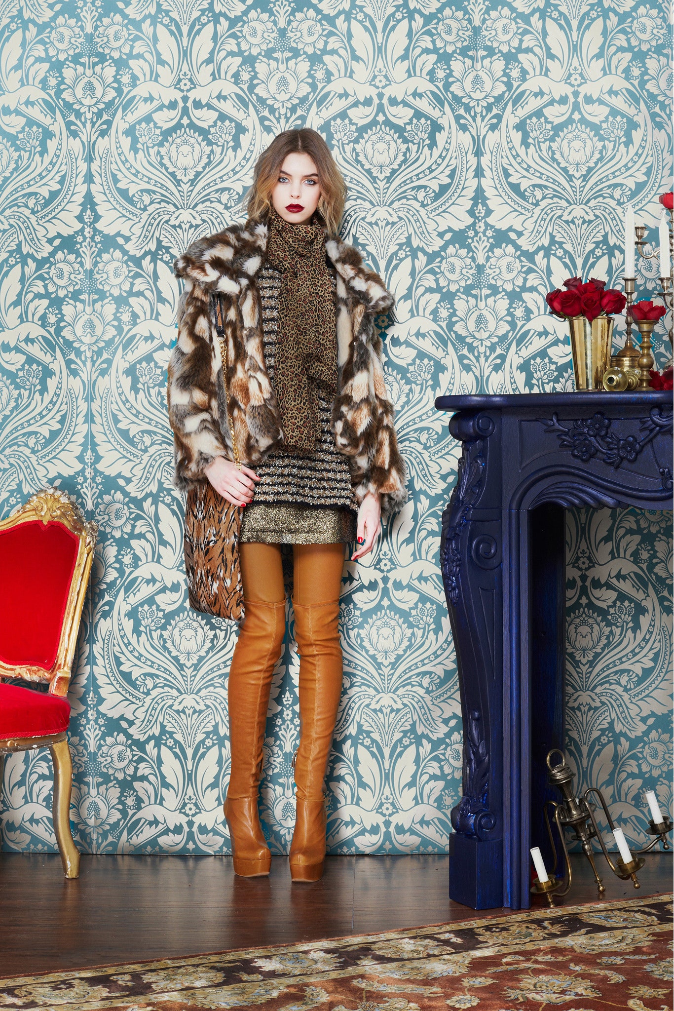 brown faux-fur coat and mini dress