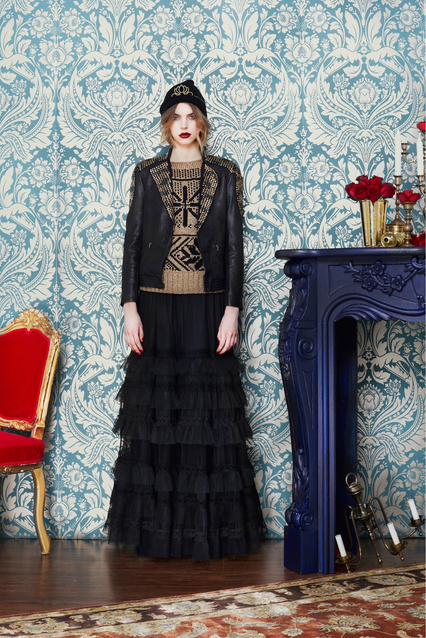 black leather jacket with tiered skirt