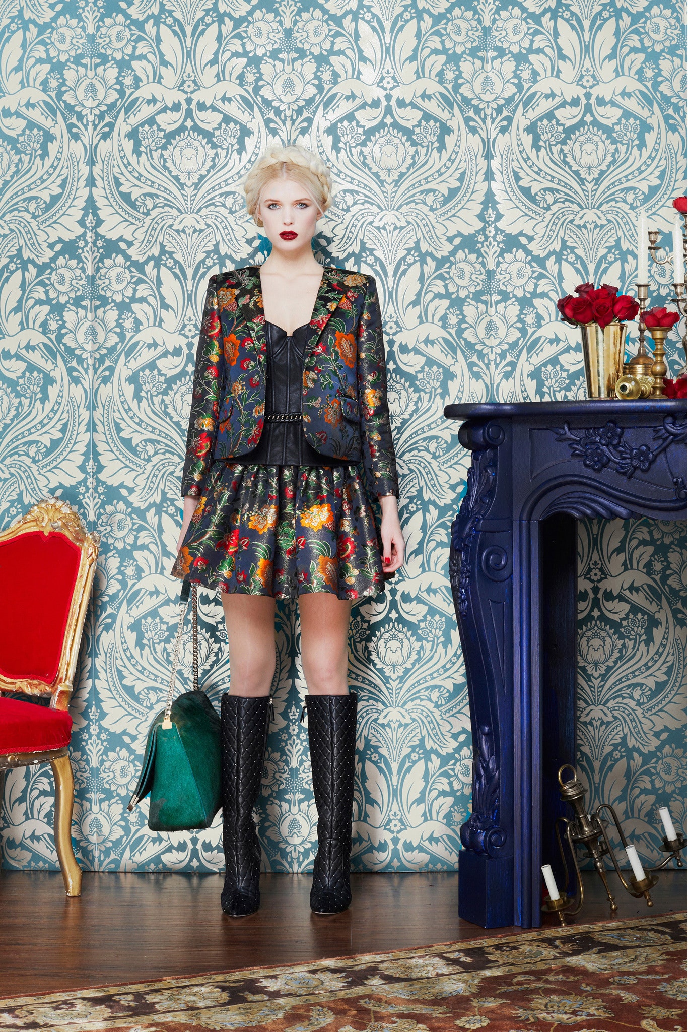 black embroidered jacket with flared skirt
