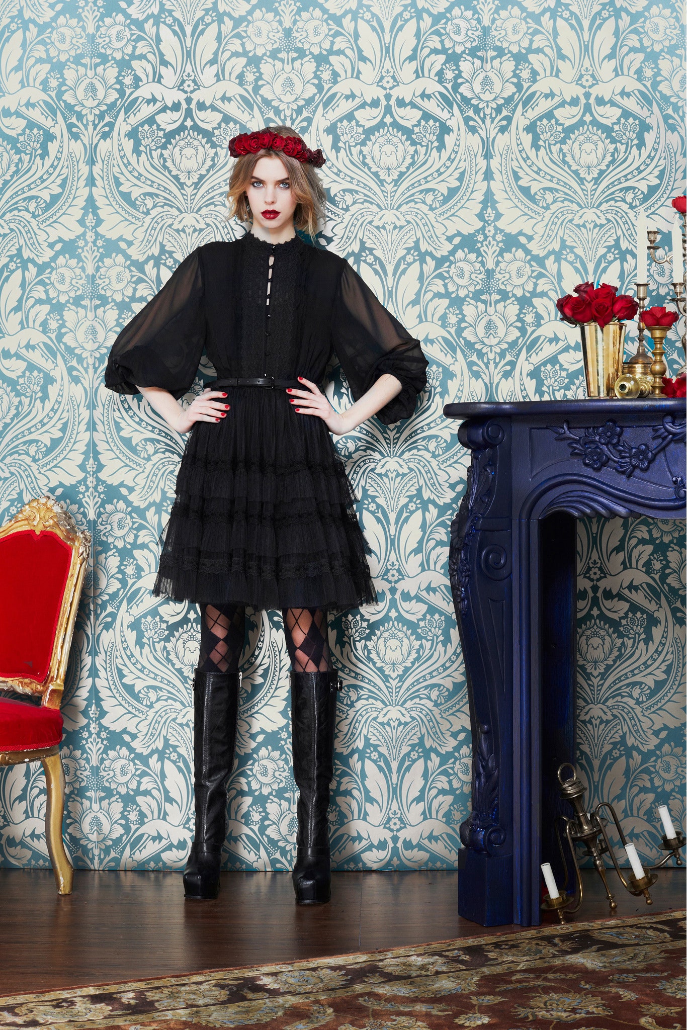 black mini dress with long sleeves