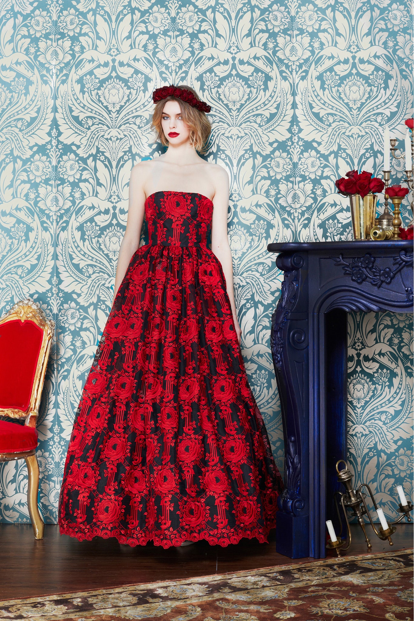 red and black strapless gown