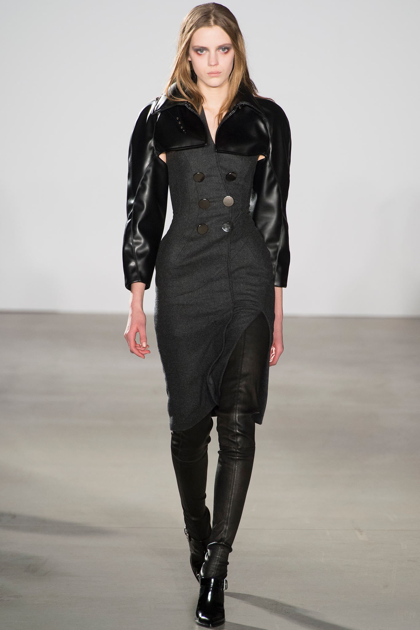 black wool long-sleeve collared fitted buttoned zippered dress