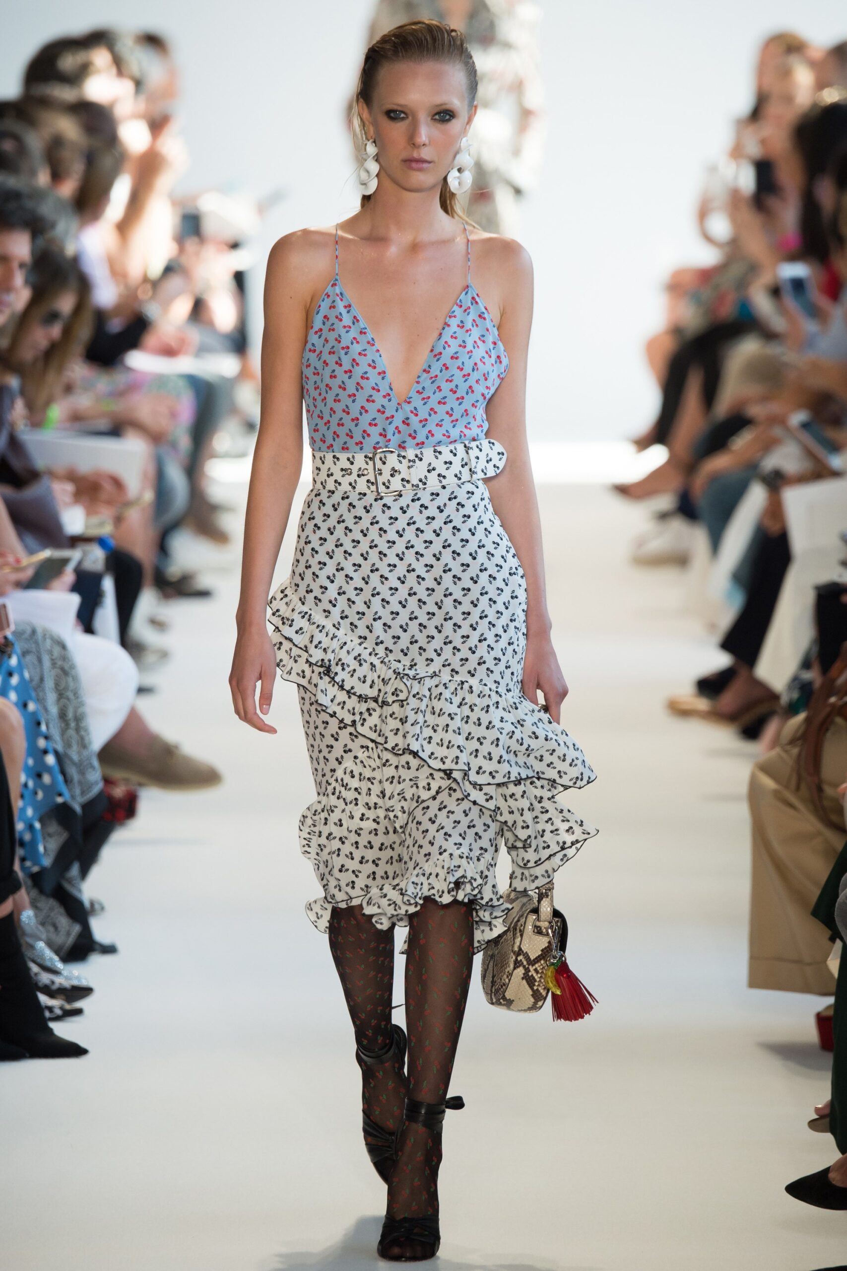 blue and white ruffled midi dress