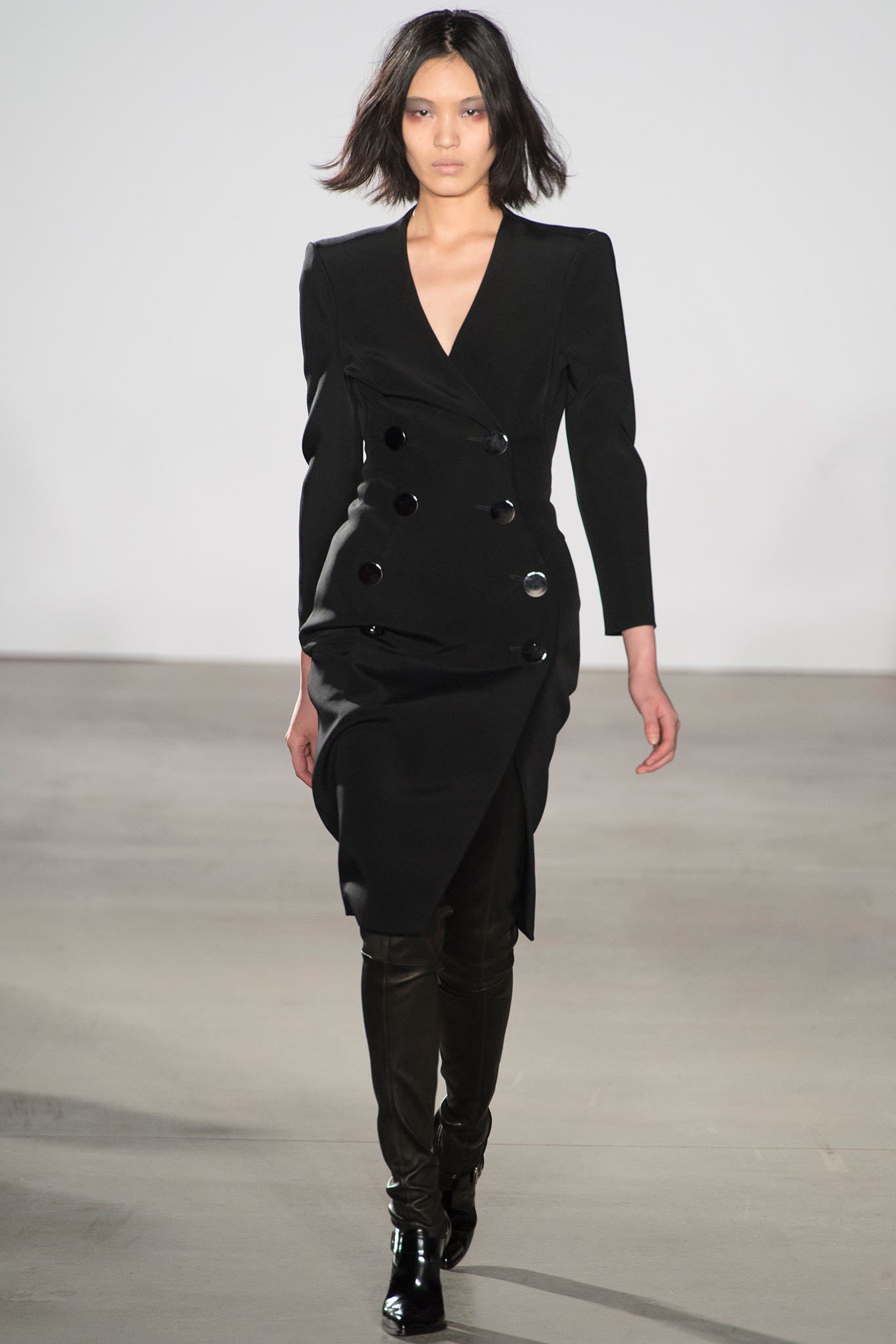 black cotton long-sleeve v-neck fitted draped buttoned dress